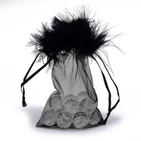 1 Bag Organza Gift Bags, with Drawstring and Feather, Jewelry Pouches Bags, for Wedding Party Candy Mesh Bags, Rectangle, Black, 17.5x12.5x0.07cm