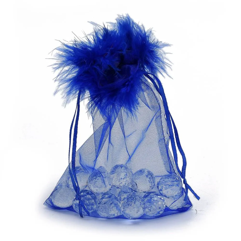 1 Bag Organza Gift Bags, with Drawstring and Feather, Jewelry Pouches Bags, for Wedding Party Candy Mesh Bags, Rectangle, Black, 17.5x12.5x0.07cm