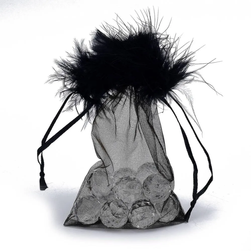 1 Bag Organza Gift Bags, with Drawstring and Feather, Jewelry Pouches Bags, for Wedding Party Candy Mesh Bags, Rectangle, Black, 17.5x12.5x0.07cm