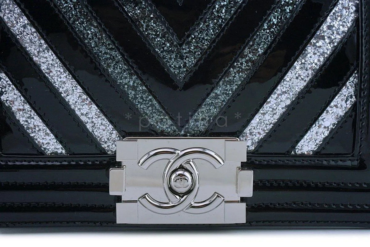 17K Chanel Black Glitter Chevron Patent Boy Flap Small Bag