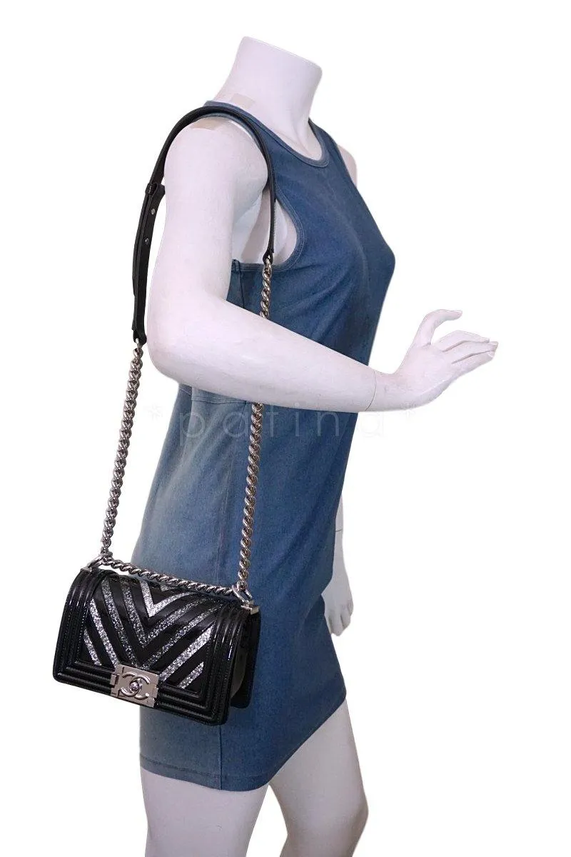 17K Chanel Black Glitter Chevron Patent Boy Flap Small Bag
