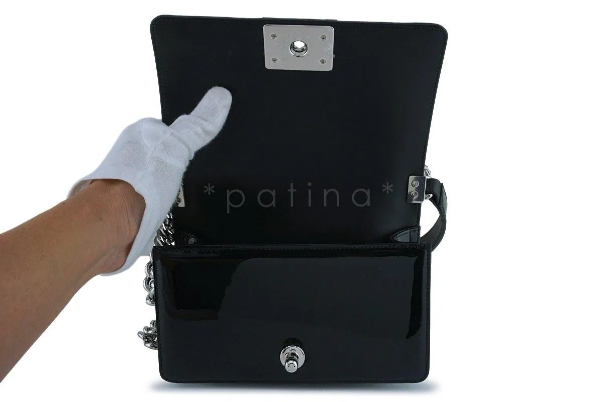 17K Chanel Black Glitter Chevron Patent Boy Flap Small Bag