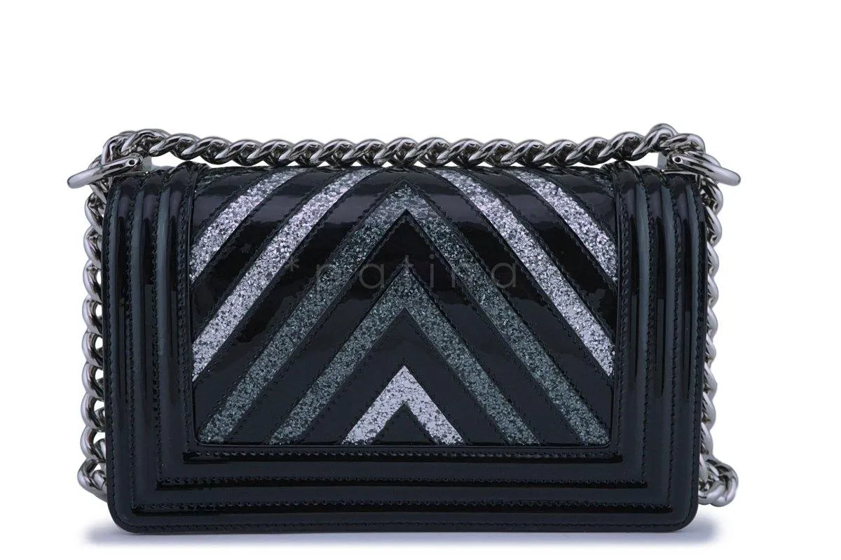 17K Chanel Black Glitter Chevron Patent Boy Flap Small Bag
