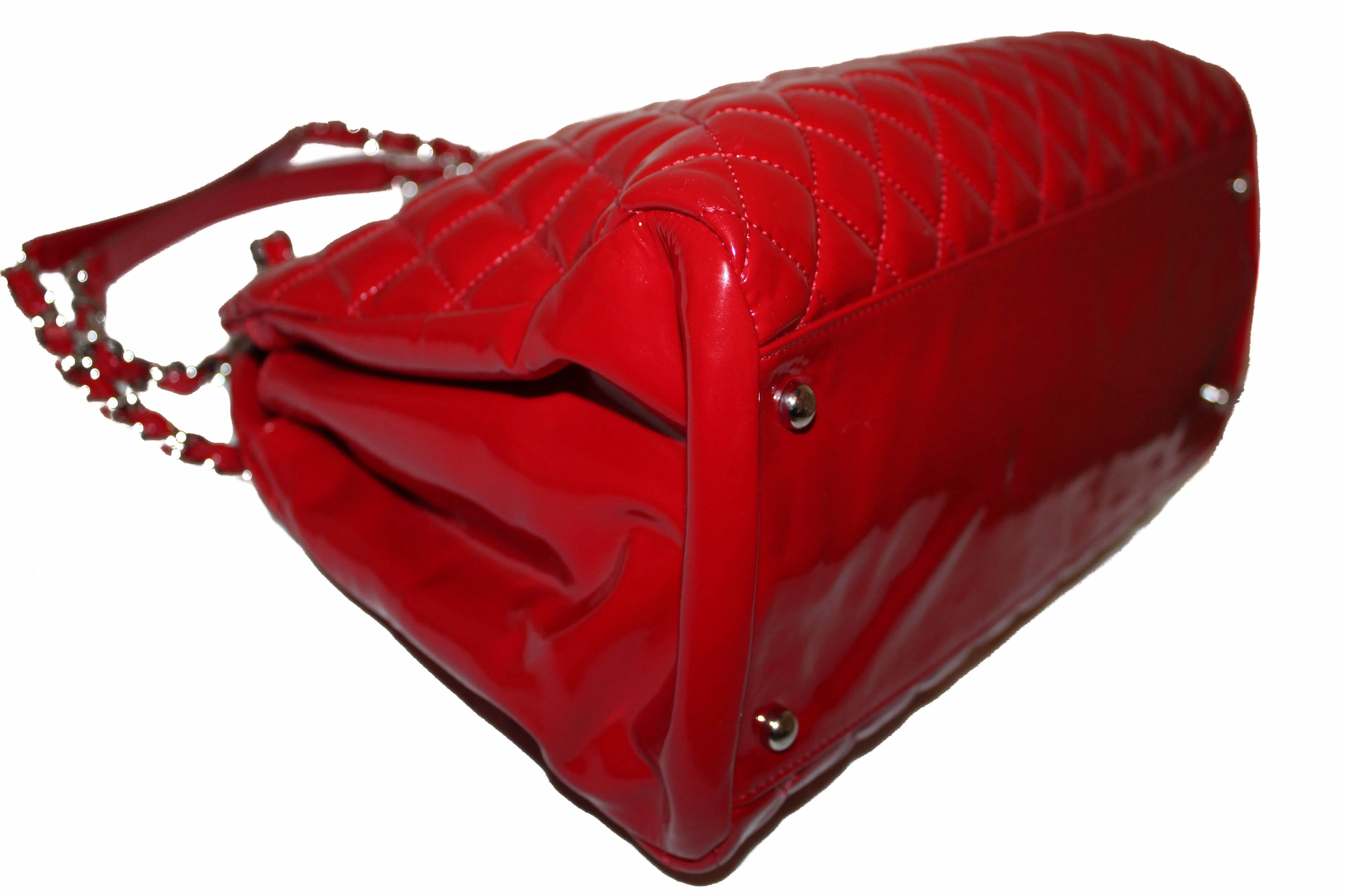 Authentic Chanel Red Quilted Patent Leather Bowling Mademoiselle Shoulder Bag