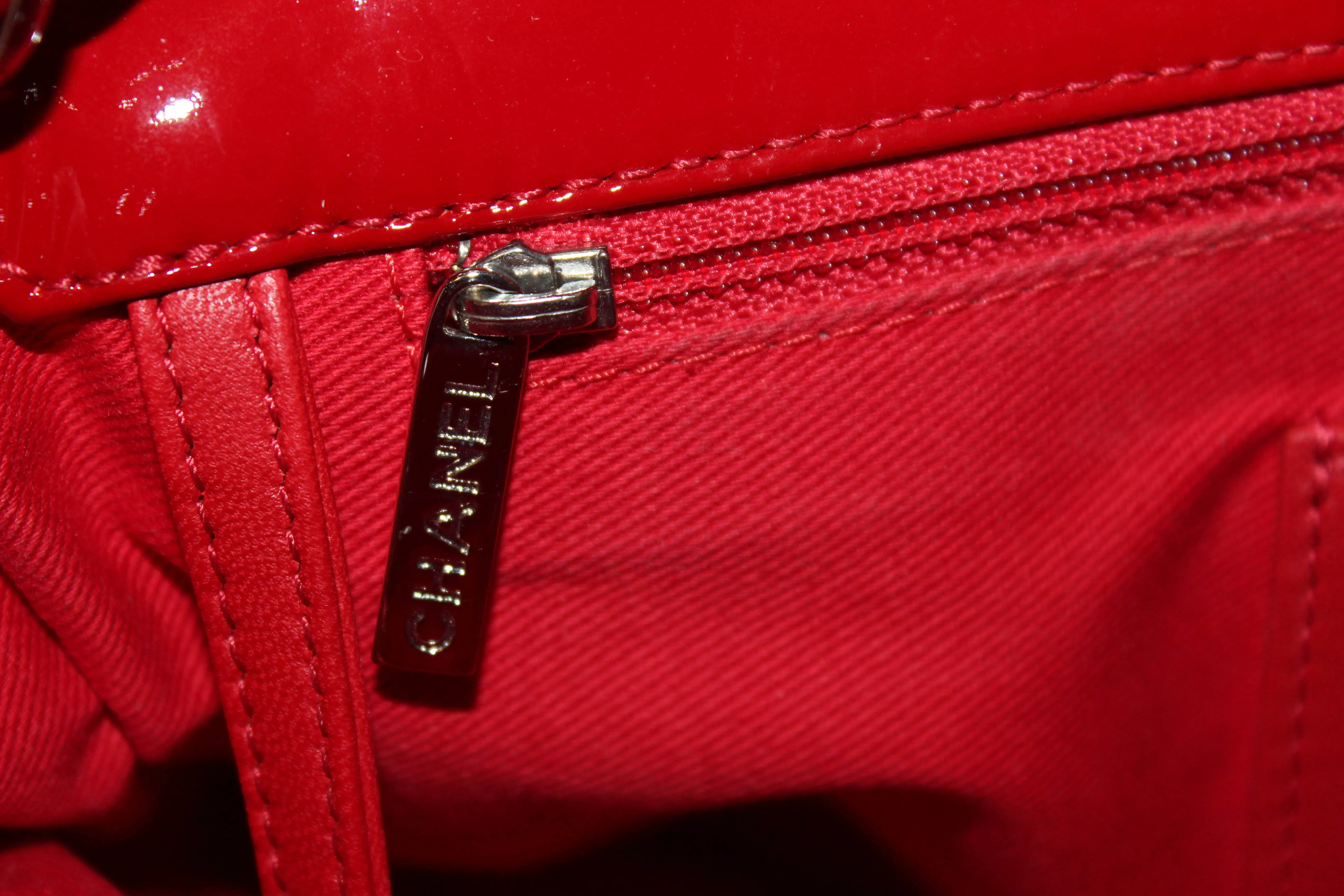 Authentic Chanel Red Quilted Patent Leather Bowling Mademoiselle Shoulder Bag