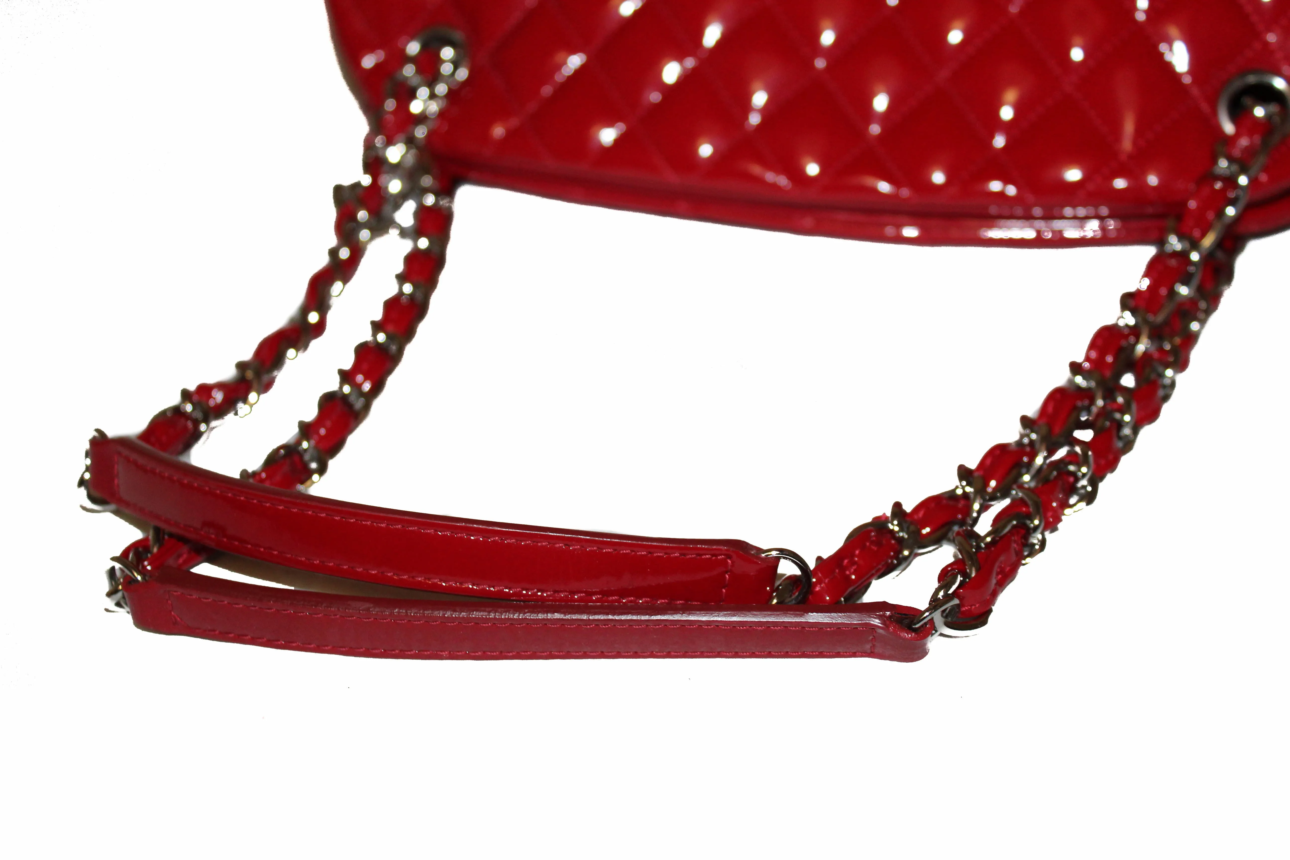 Authentic Chanel Red Quilted Patent Leather Bowling Mademoiselle Shoulder Bag