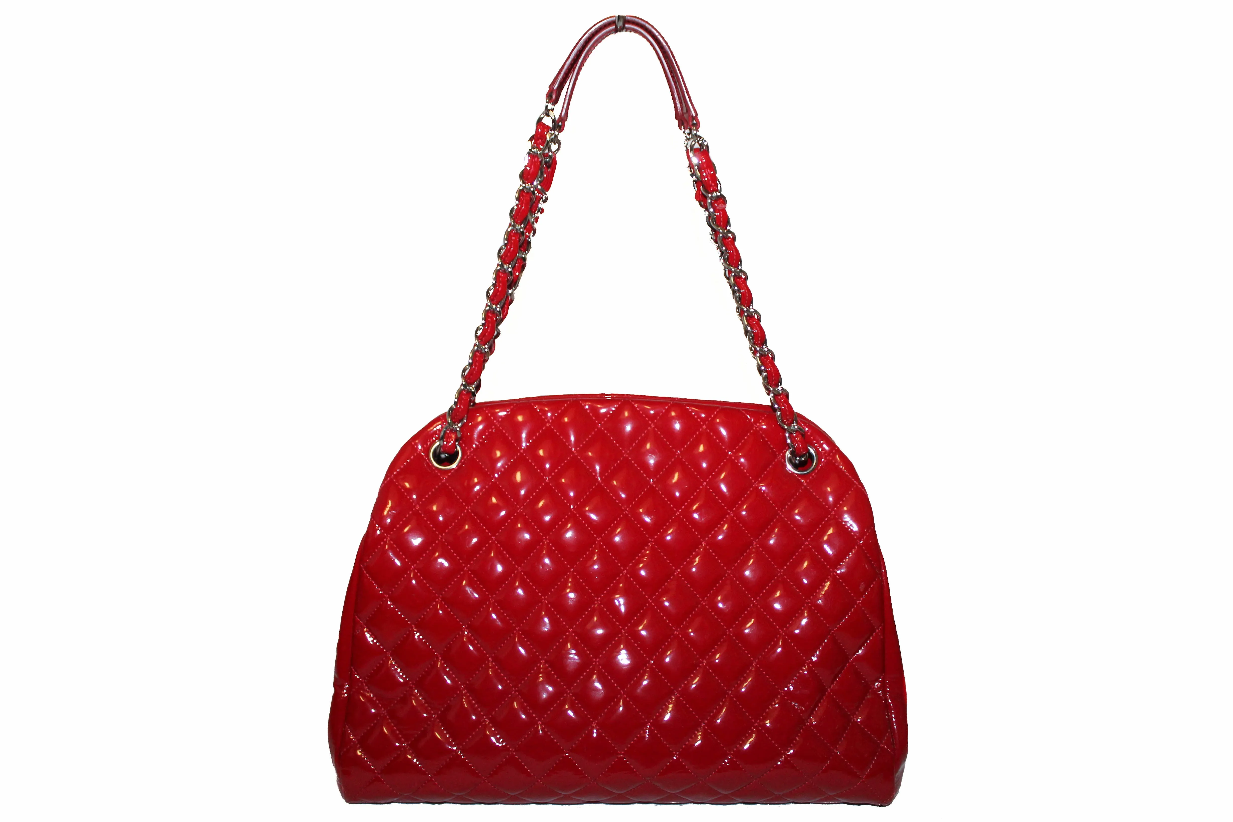 Authentic Chanel Red Quilted Patent Leather Bowling Mademoiselle Shoulder Bag
