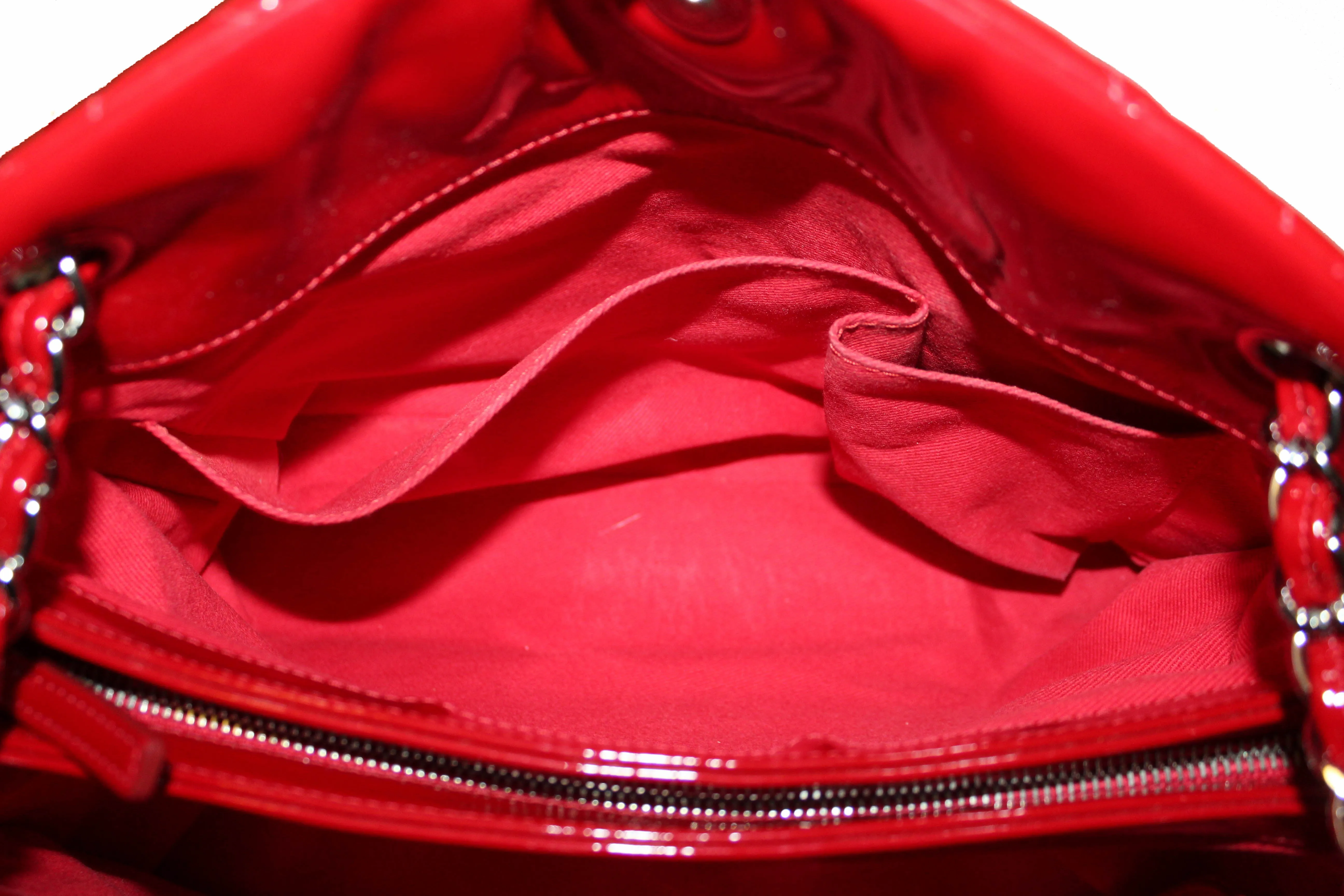 Authentic Chanel Red Quilted Patent Leather Bowling Mademoiselle Shoulder Bag