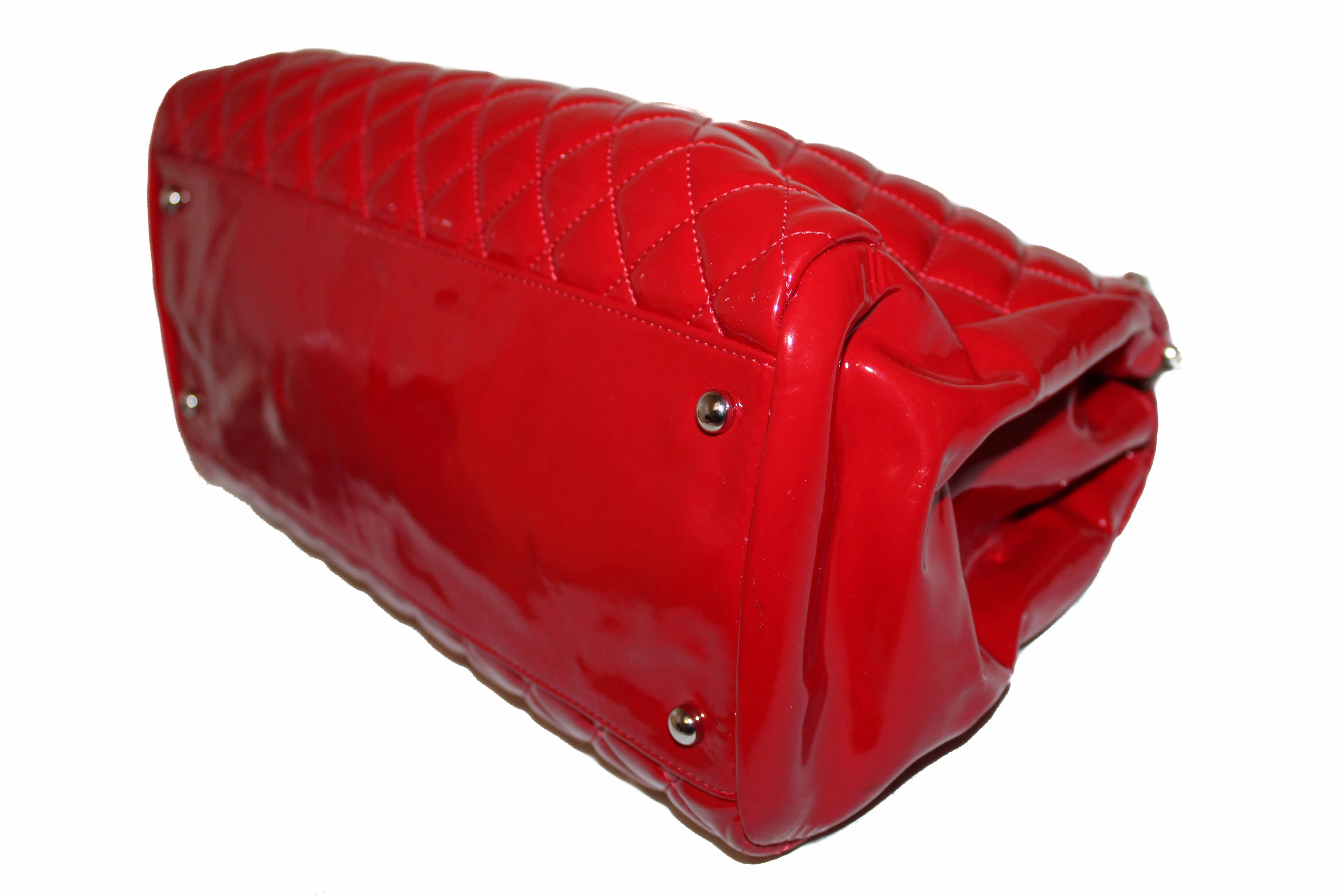 Authentic Chanel Red Quilted Patent Leather Bowling Mademoiselle Shoulder Bag