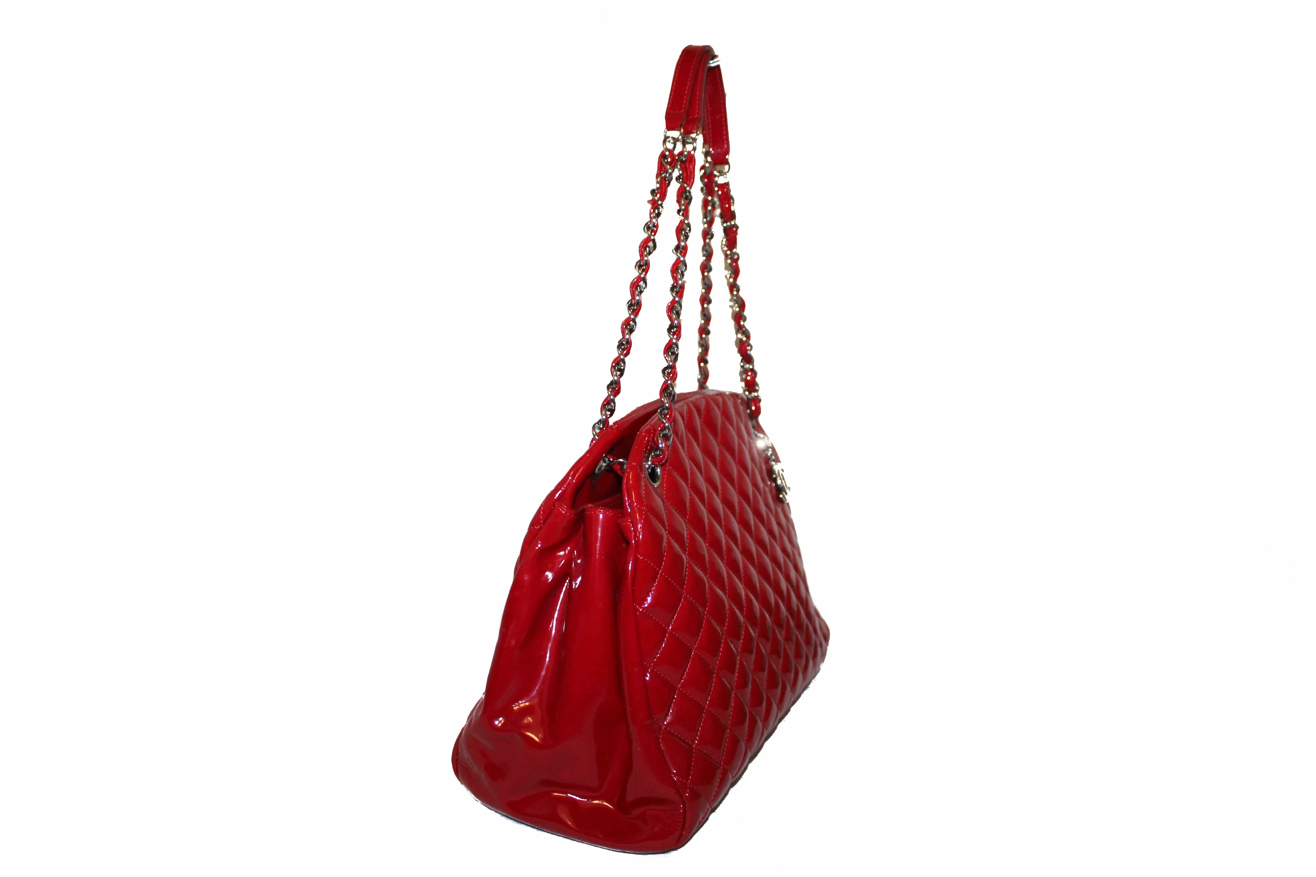 Authentic Chanel Red Quilted Patent Leather Bowling Mademoiselle Shoulder Bag