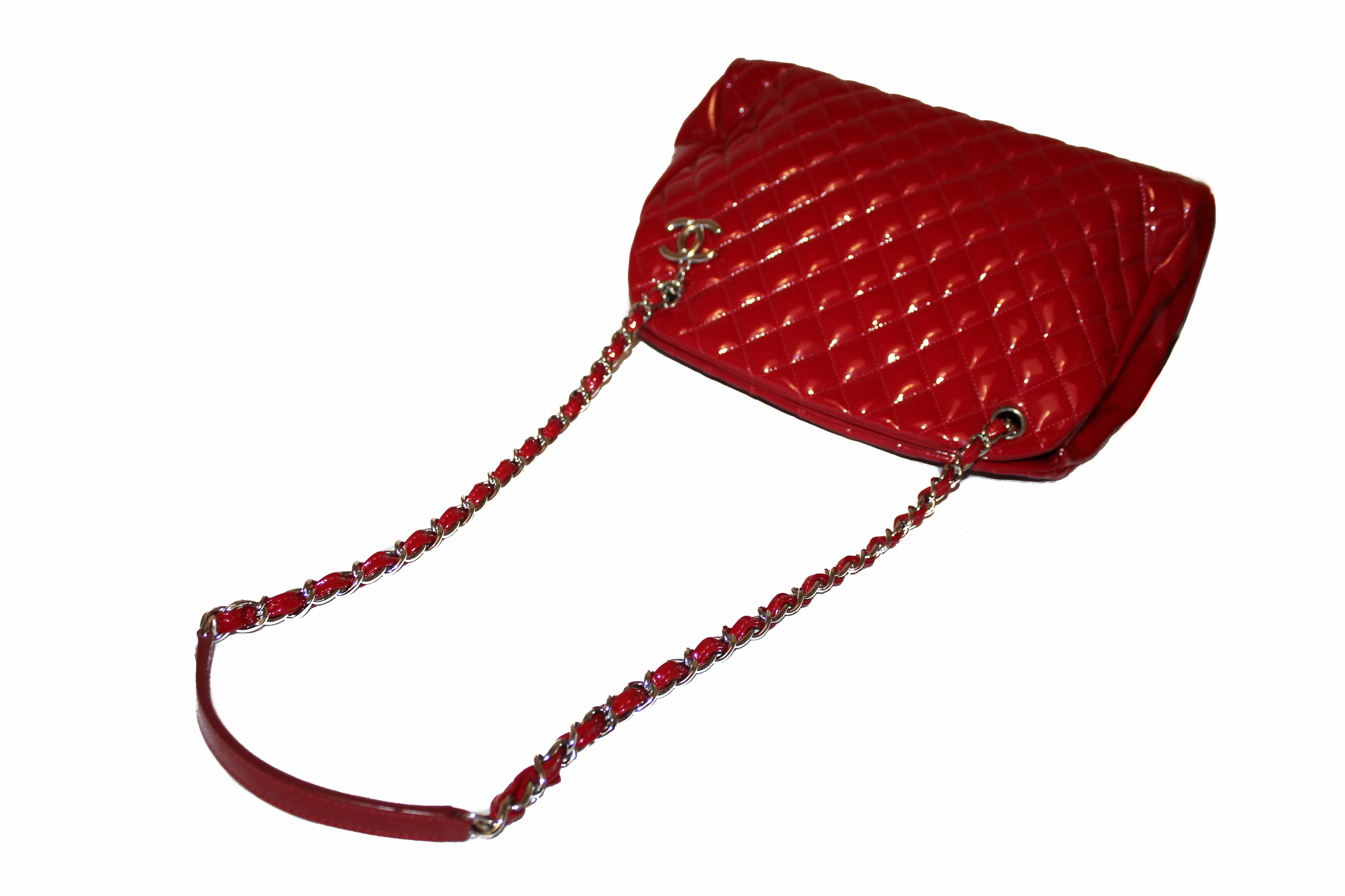 Authentic Chanel Red Quilted Patent Leather Bowling Mademoiselle Shoulder Bag