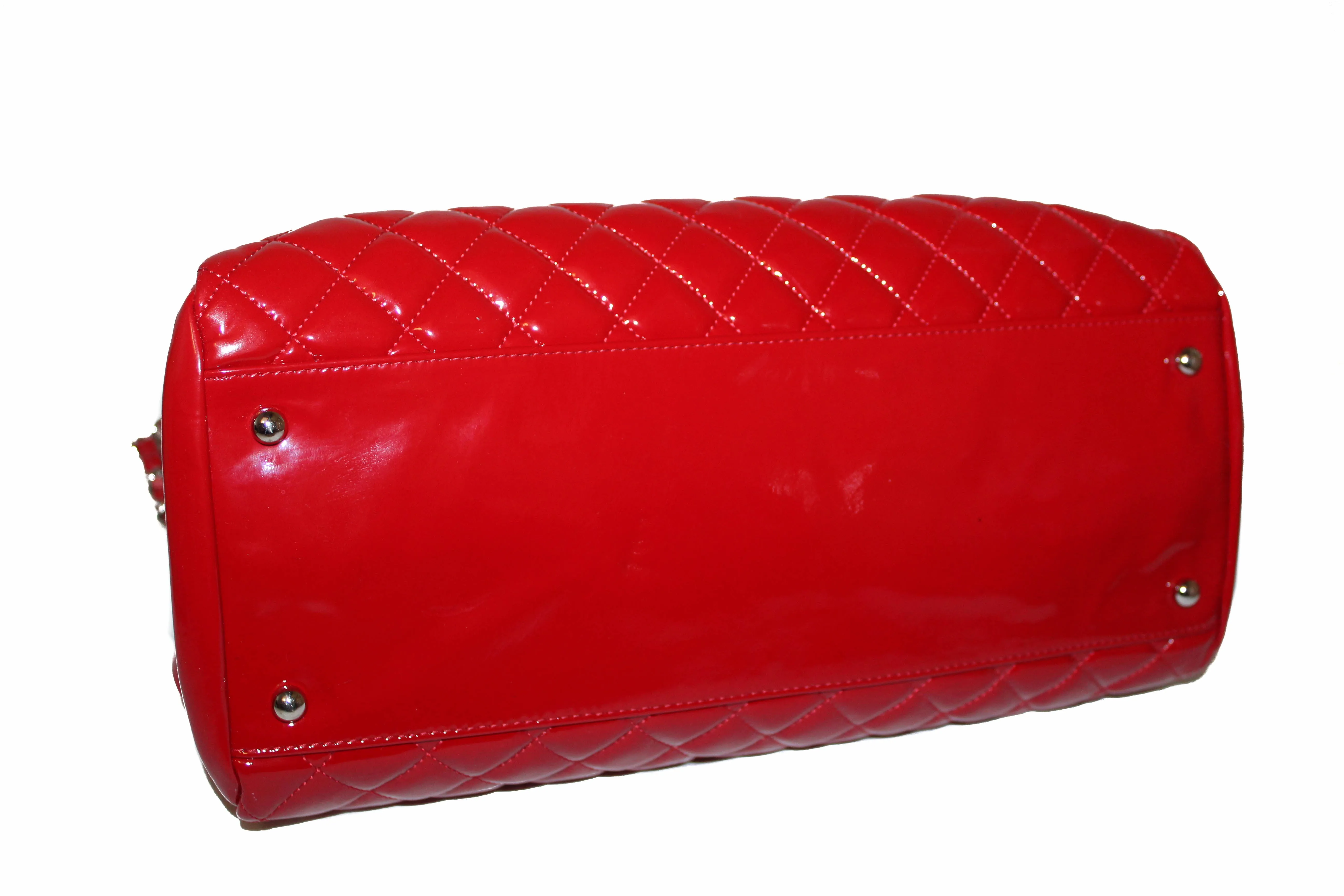 Authentic Chanel Red Quilted Patent Leather Bowling Mademoiselle Shoulder Bag