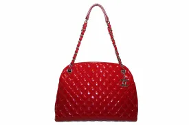 Authentic Chanel Red Quilted Patent Leather Bowling Mademoiselle Shoulder Bag