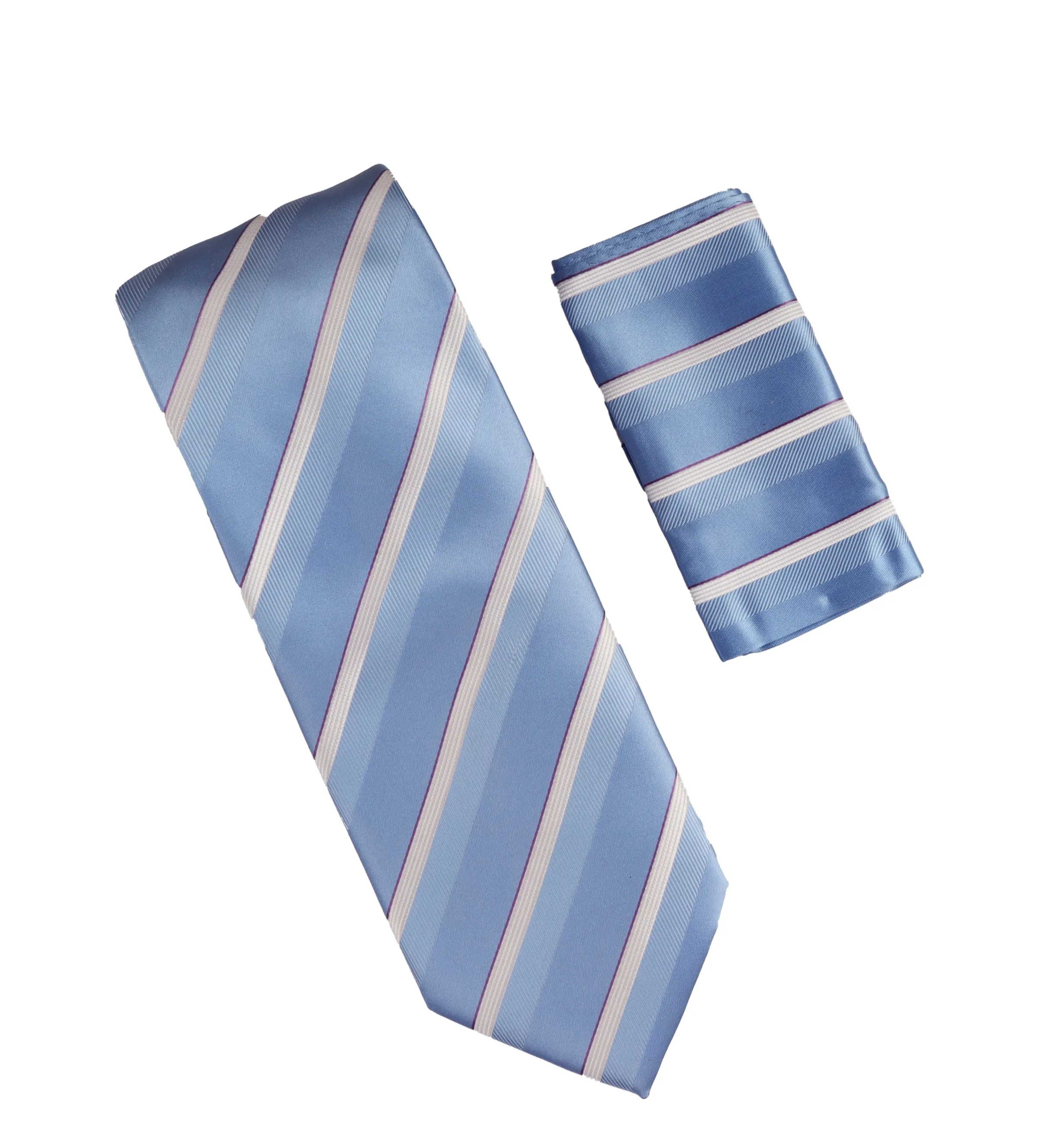 Baby Blue, Silver & Burgundy Stripped Silk Wide Necktie with Matching Pocket Square LTDW-3016W