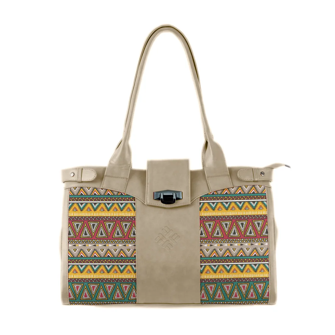 Beige Double Handle Large Bag African Abstract
