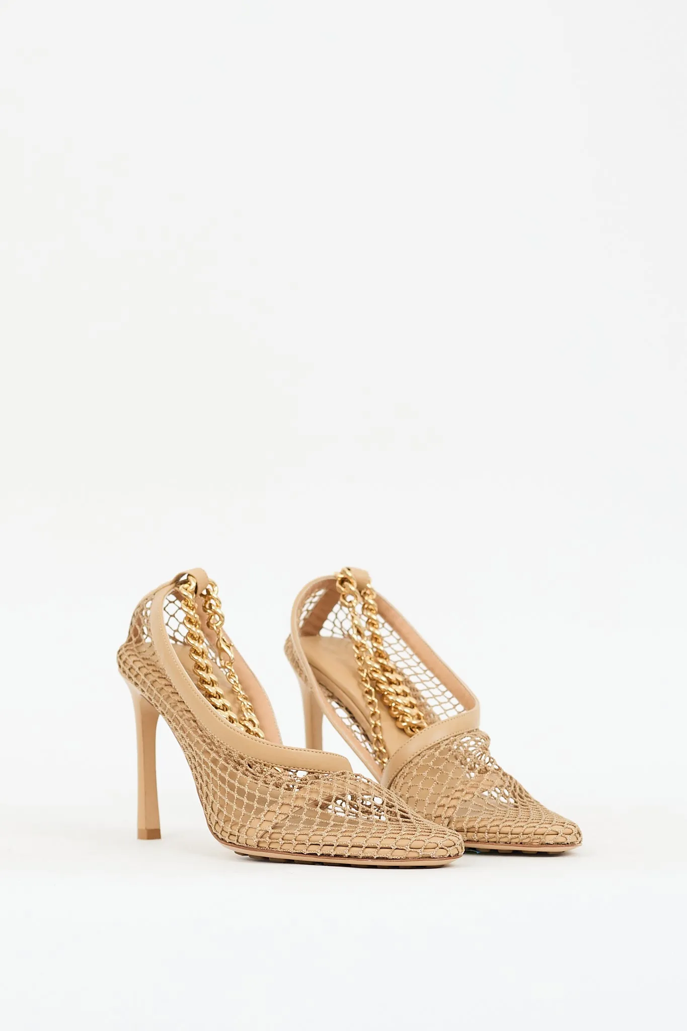 Beige Mesh & Leather Chained Ankle Heel