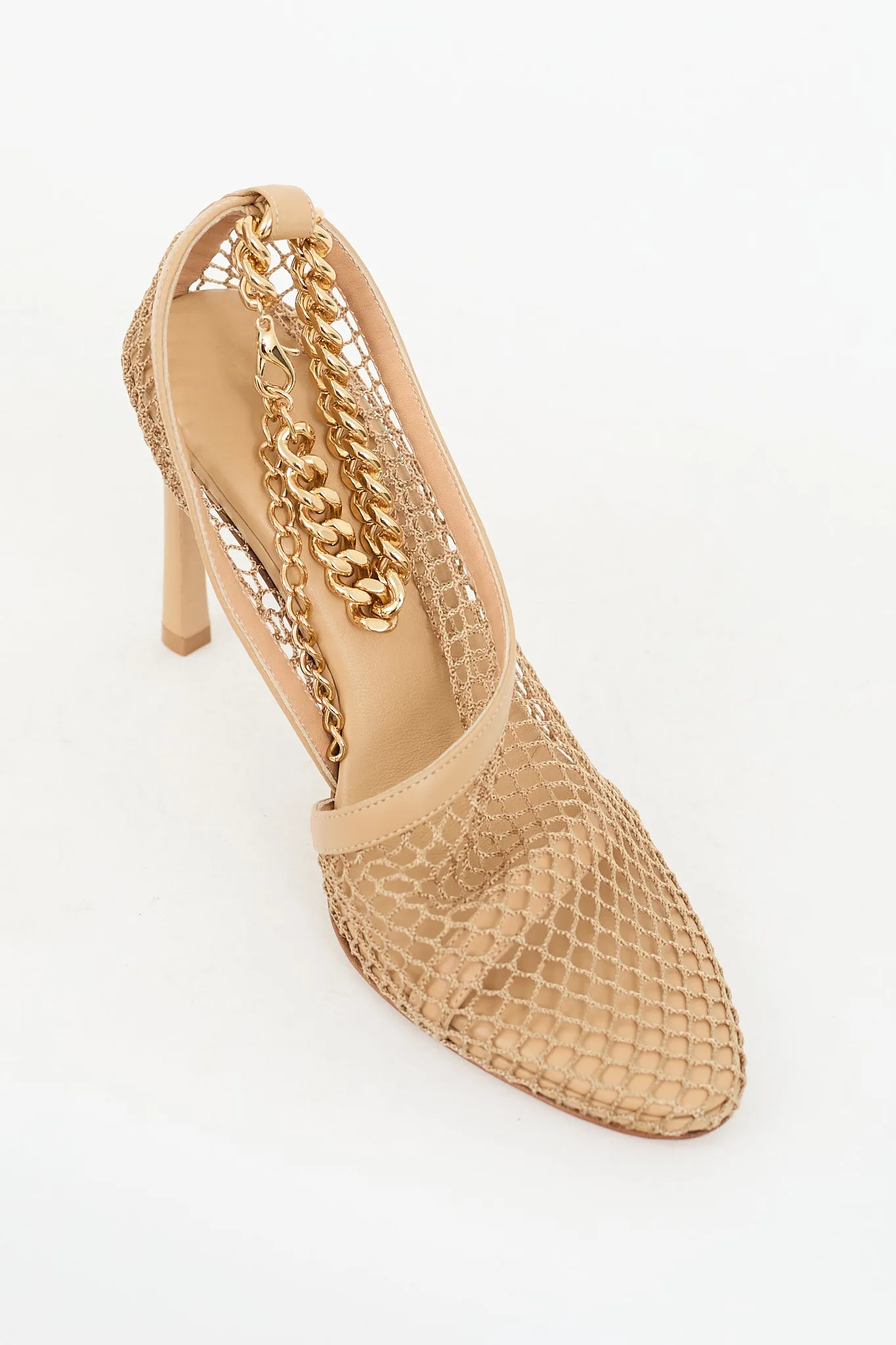 Beige Mesh & Leather Chained Ankle Heel