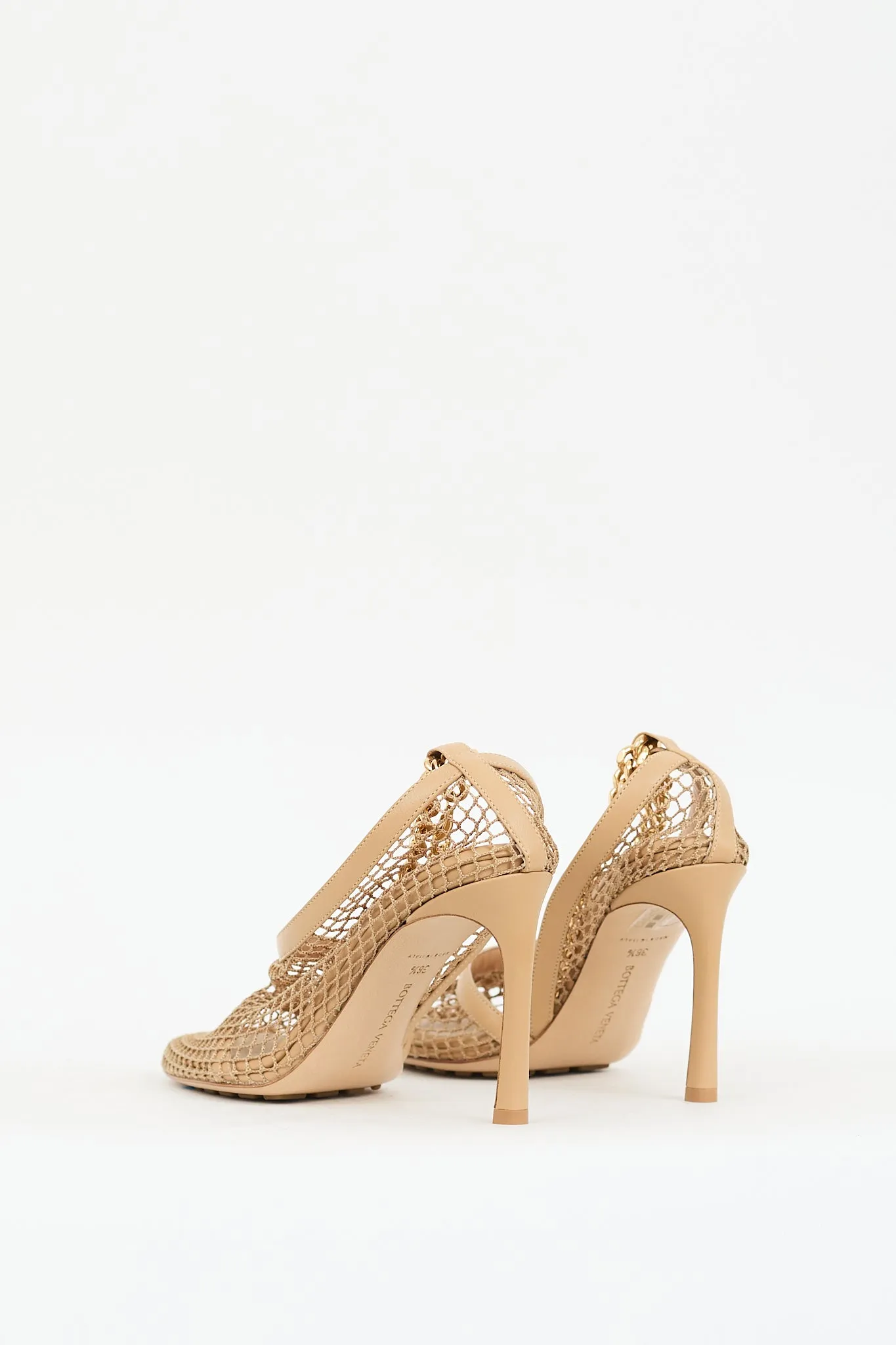 Beige Mesh & Leather Chained Ankle Heel