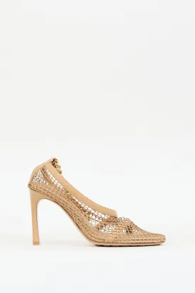 Beige Mesh & Leather Chained Ankle Heel