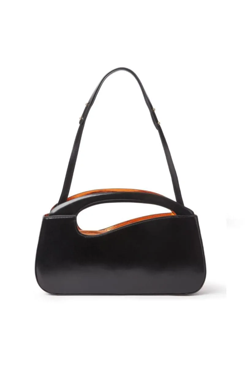 BLACK LARGE CURVE SHOULDER BAG WITH PEACH PATENT COLLAR