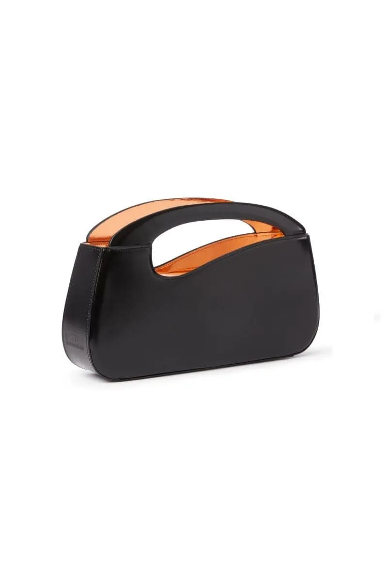 BLACK LARGE CURVE SHOULDER BAG WITH PEACH PATENT COLLAR