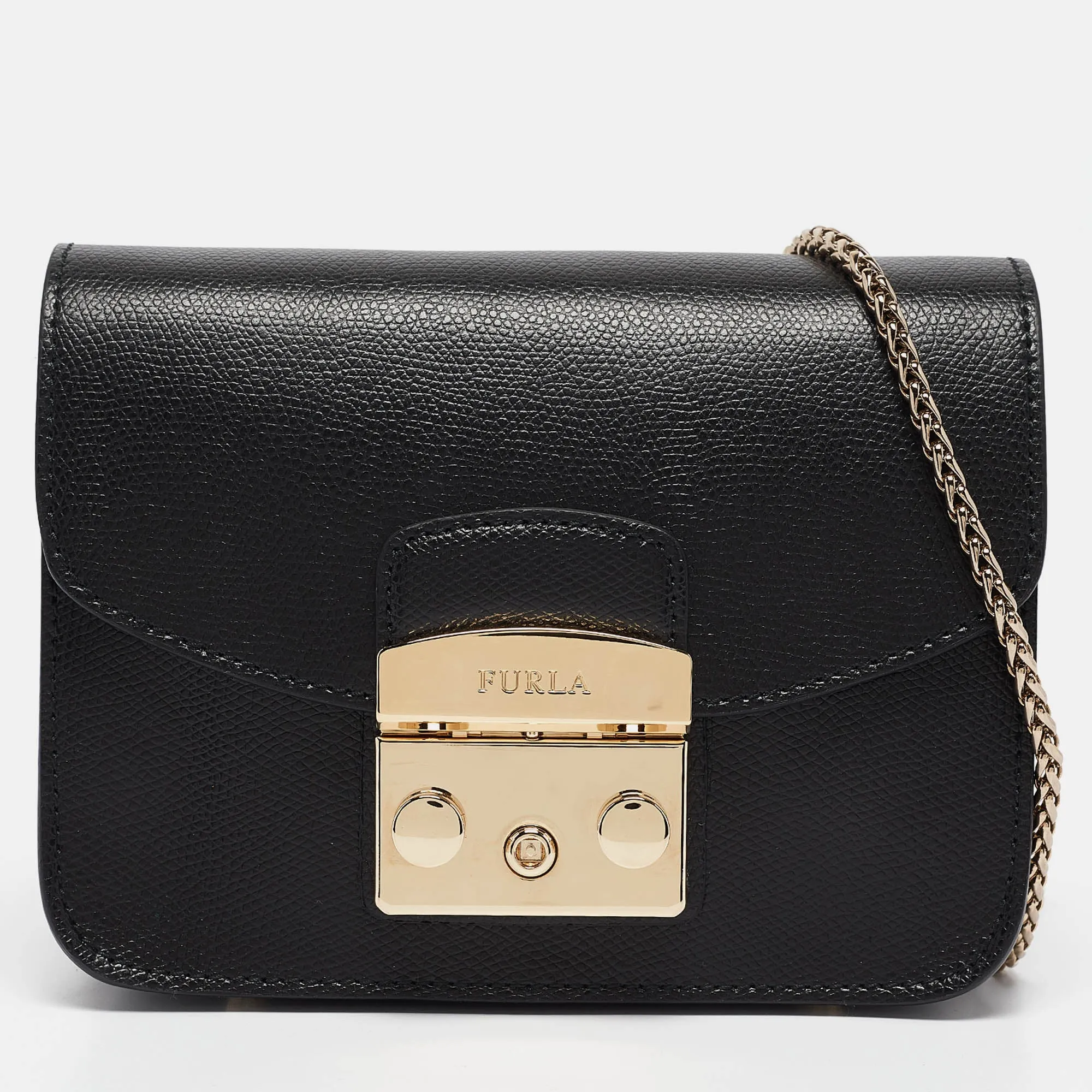 Black Leather Mini Metropolis Chain Crossbody Bag