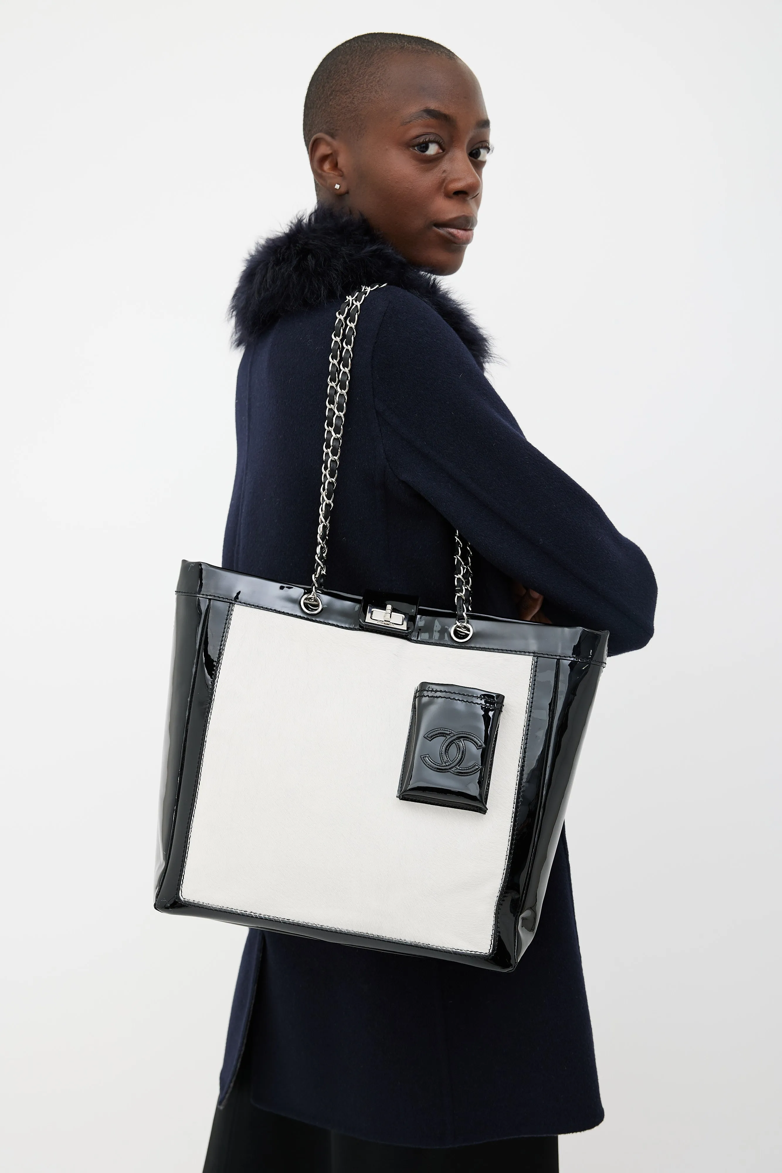 Black Patent & Cream Hair Tote Bag