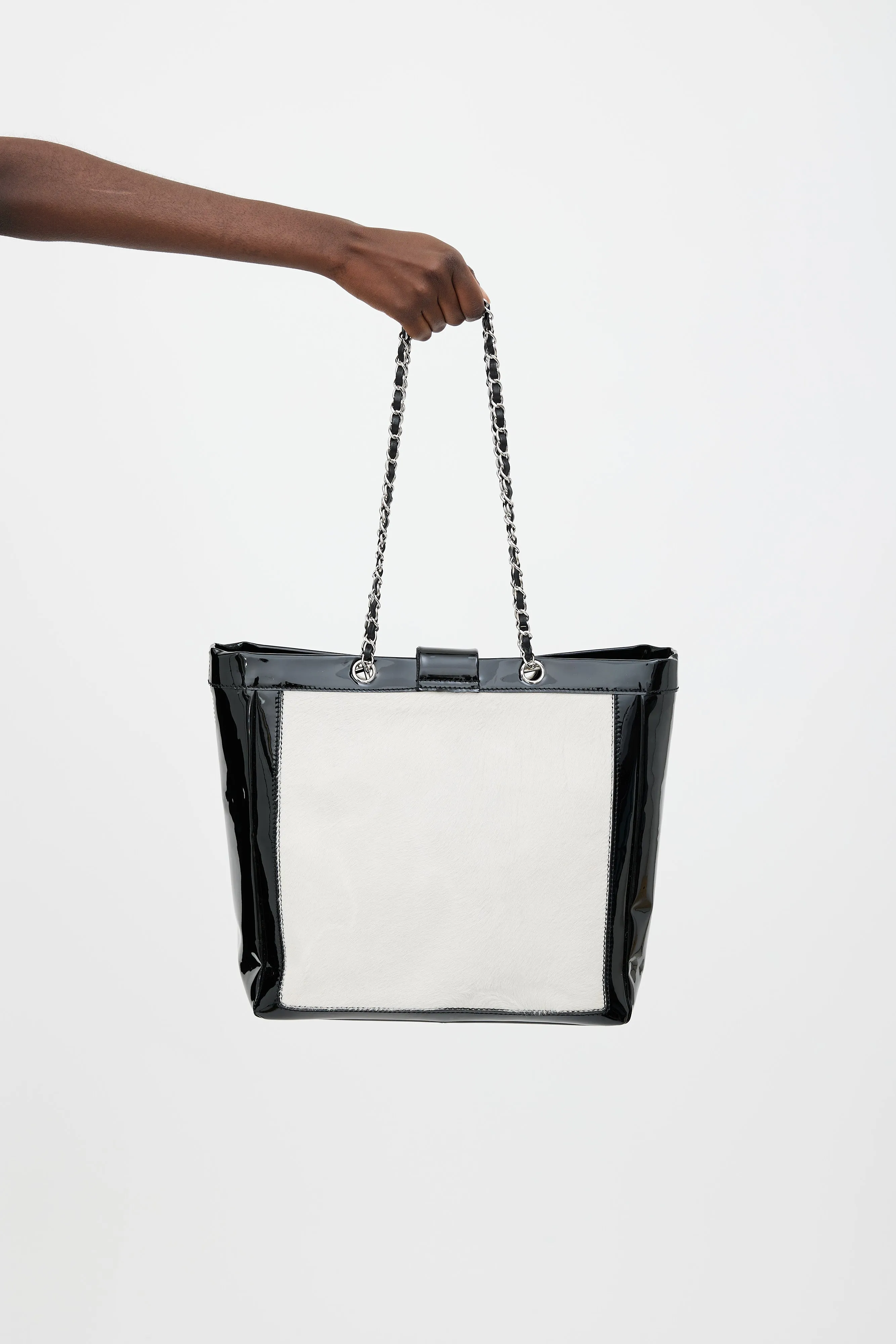 Black Patent & Cream Hair Tote Bag