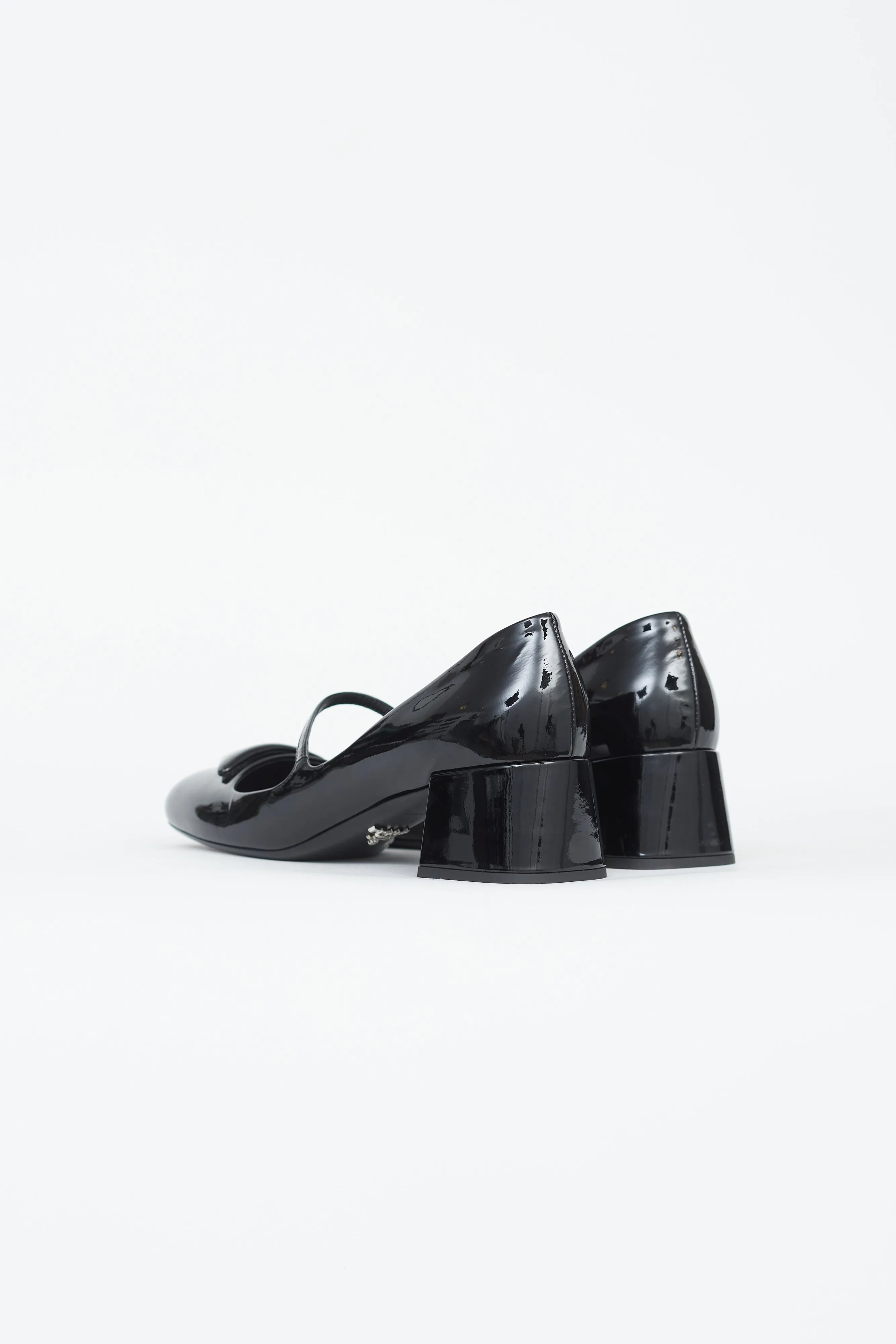 Black Patent Leather Triangle Logo Mary Jane Pumps