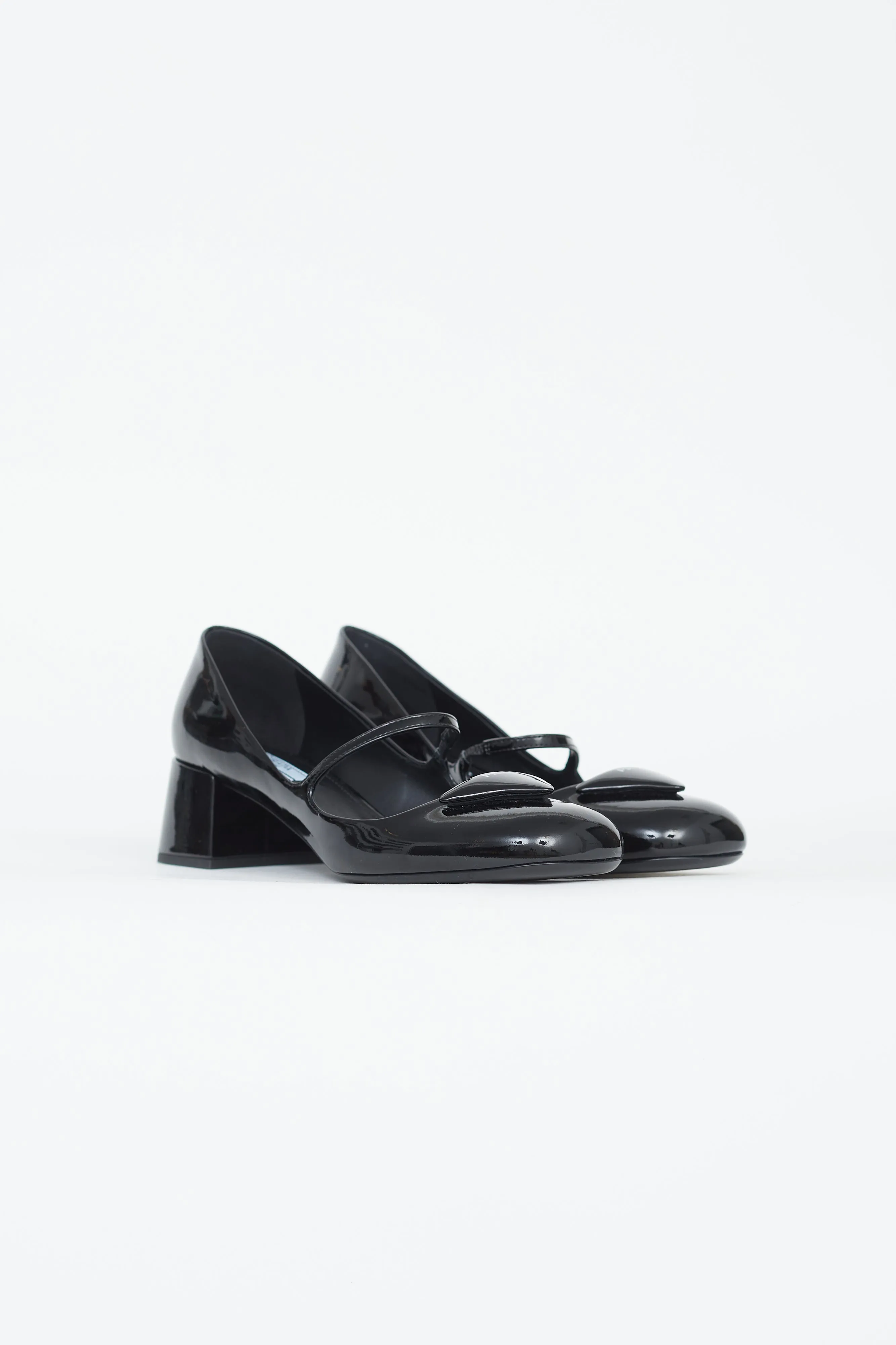 Black Patent Leather Triangle Logo Mary Jane Pumps