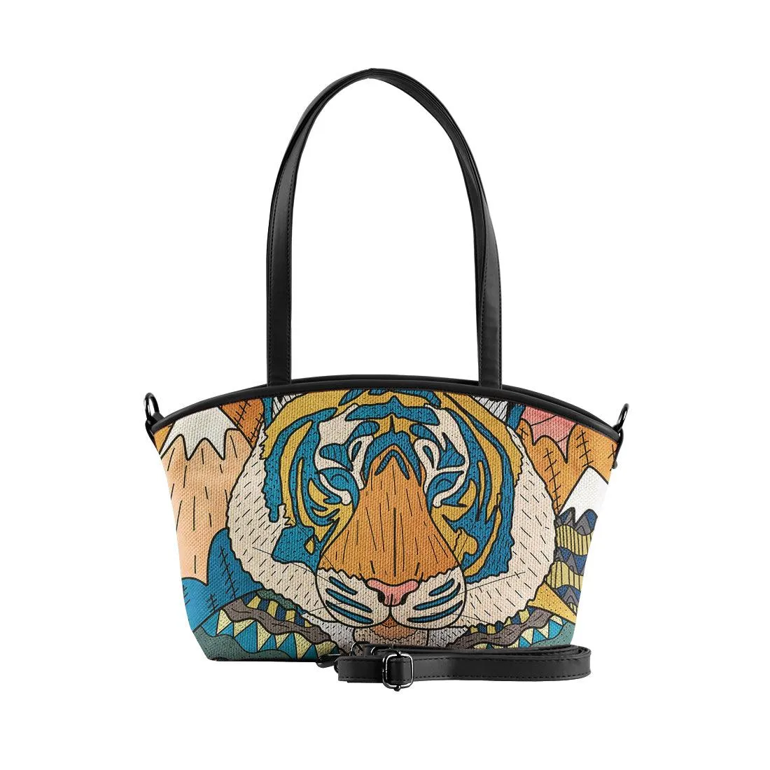 Black Wide Tote Bag Tiger in the mountains