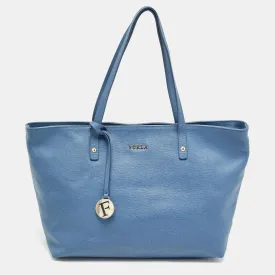 Blue Leather Top Zip Tote