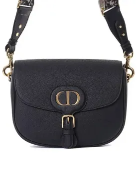 Bobby Grained Calfskin Oblique Embroidered Strap Large Shoulder Bag Black