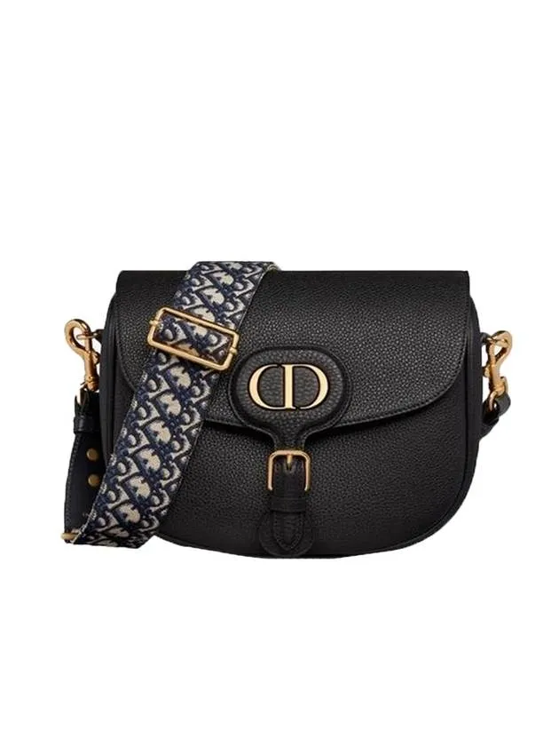 Bobby Grained Calfskin Oblique Embroidered Strap Large Shoulder Bag Black
