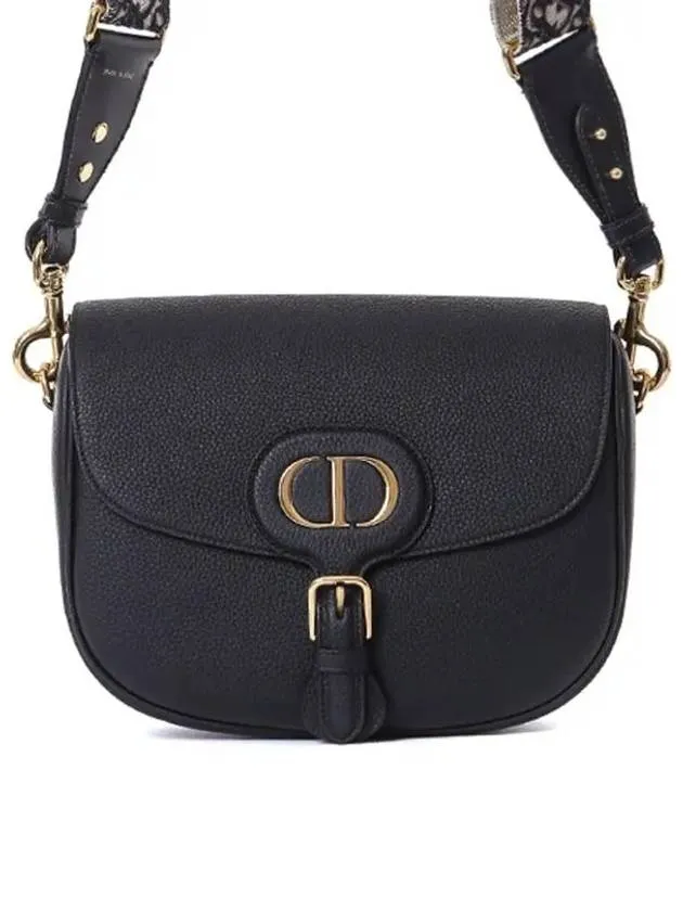 Bobby Grained Calfskin Oblique Embroidered Strap Large Shoulder Bag Black
