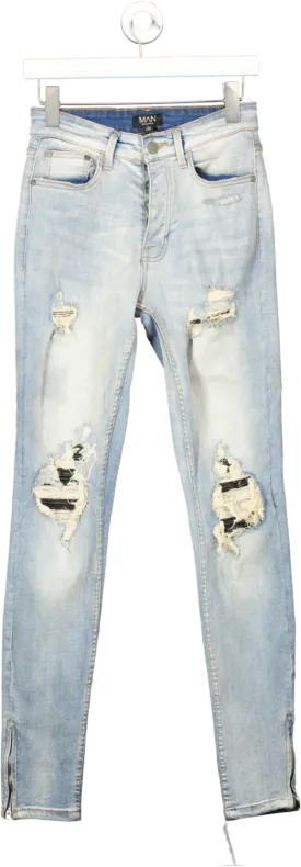 boohooMan Blue Skinny Stretch Rip And Repair Vintage Faded Jeans W28