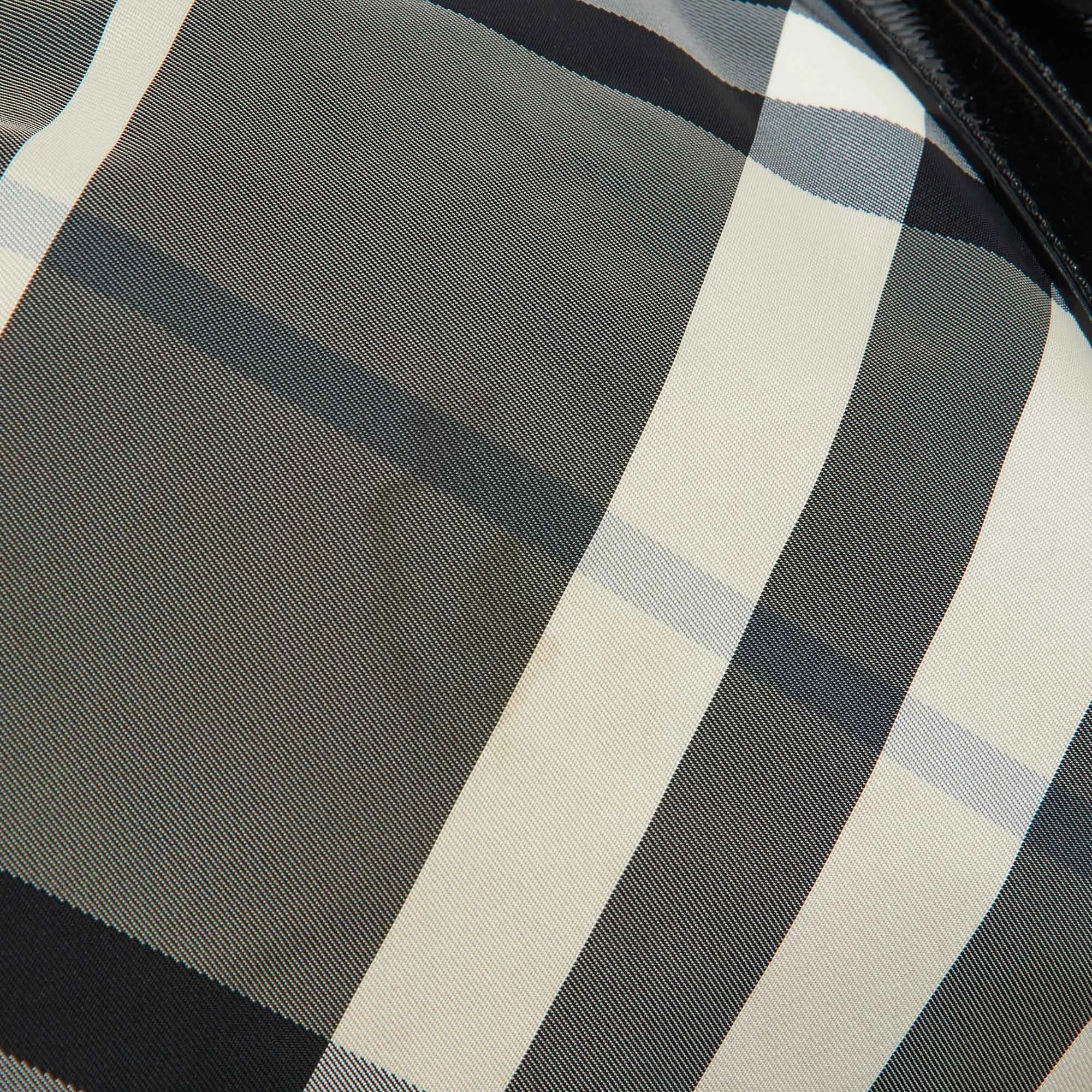 BURBERRY Black Beat Check Nylon and Patent Leather Large Victoria Tote