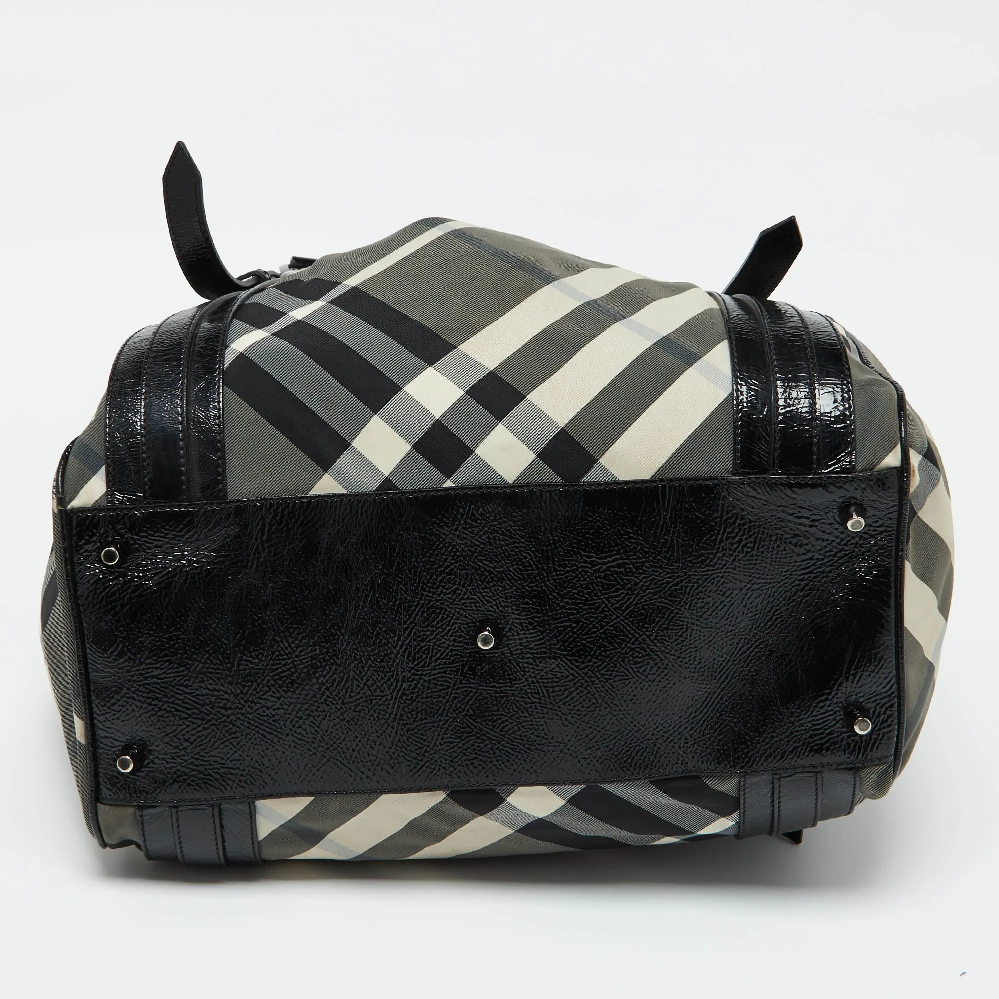 BURBERRY Black Beat Check Nylon and Patent Leather Large Victoria Tote