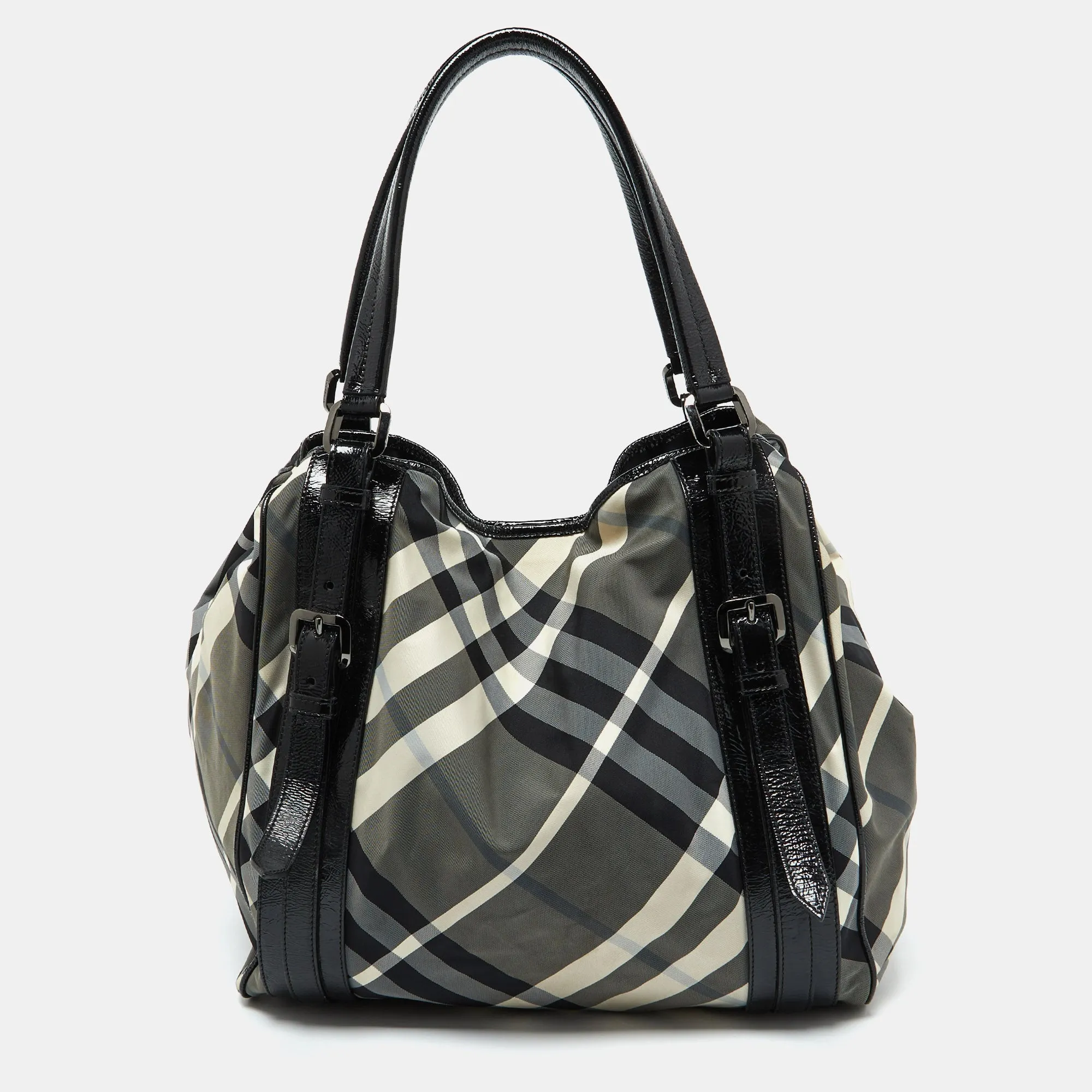 BURBERRY Black Beat Check Nylon and Patent Leather Large Victoria Tote