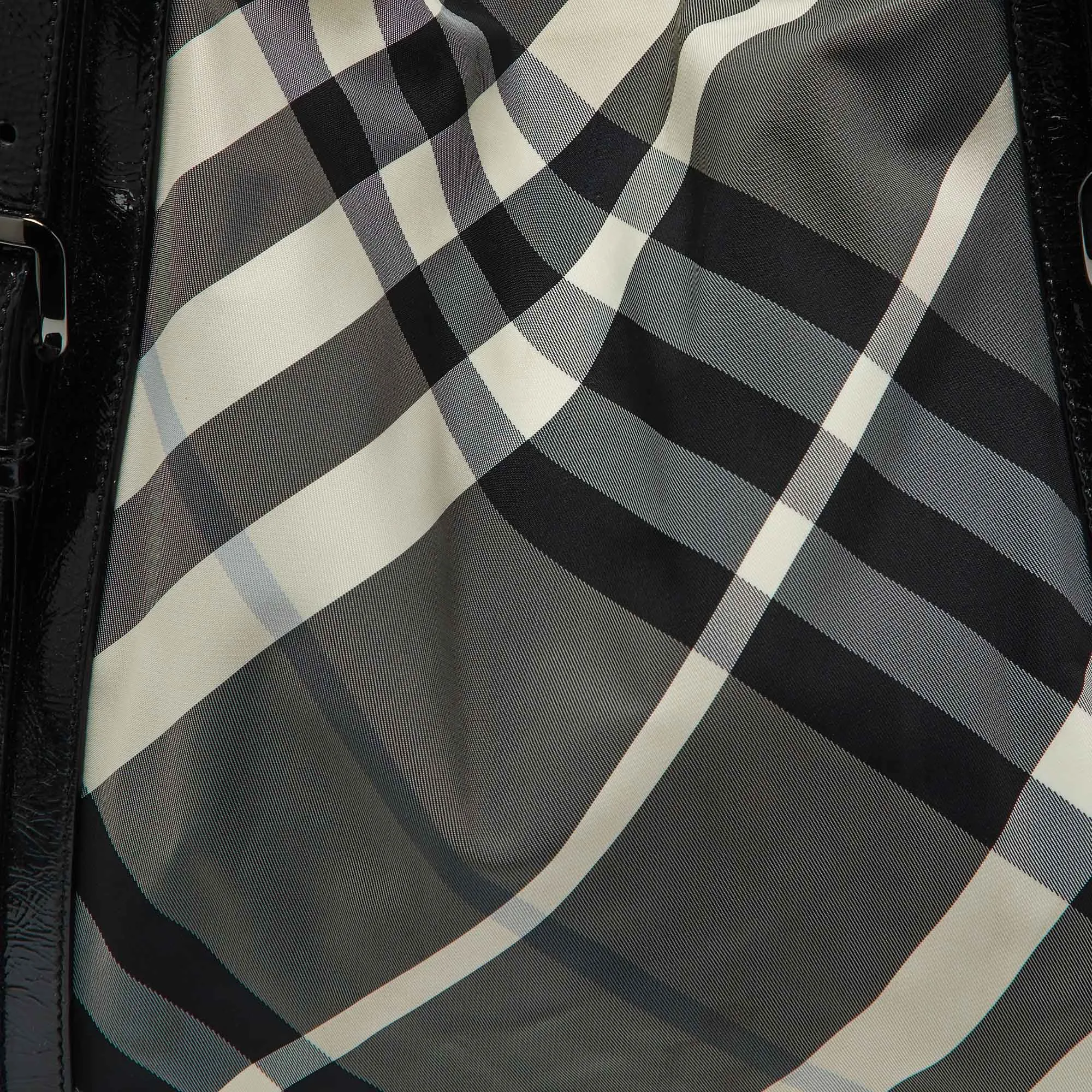 BURBERRY Black Beat Check Nylon and Patent Leather Large Victoria Tote