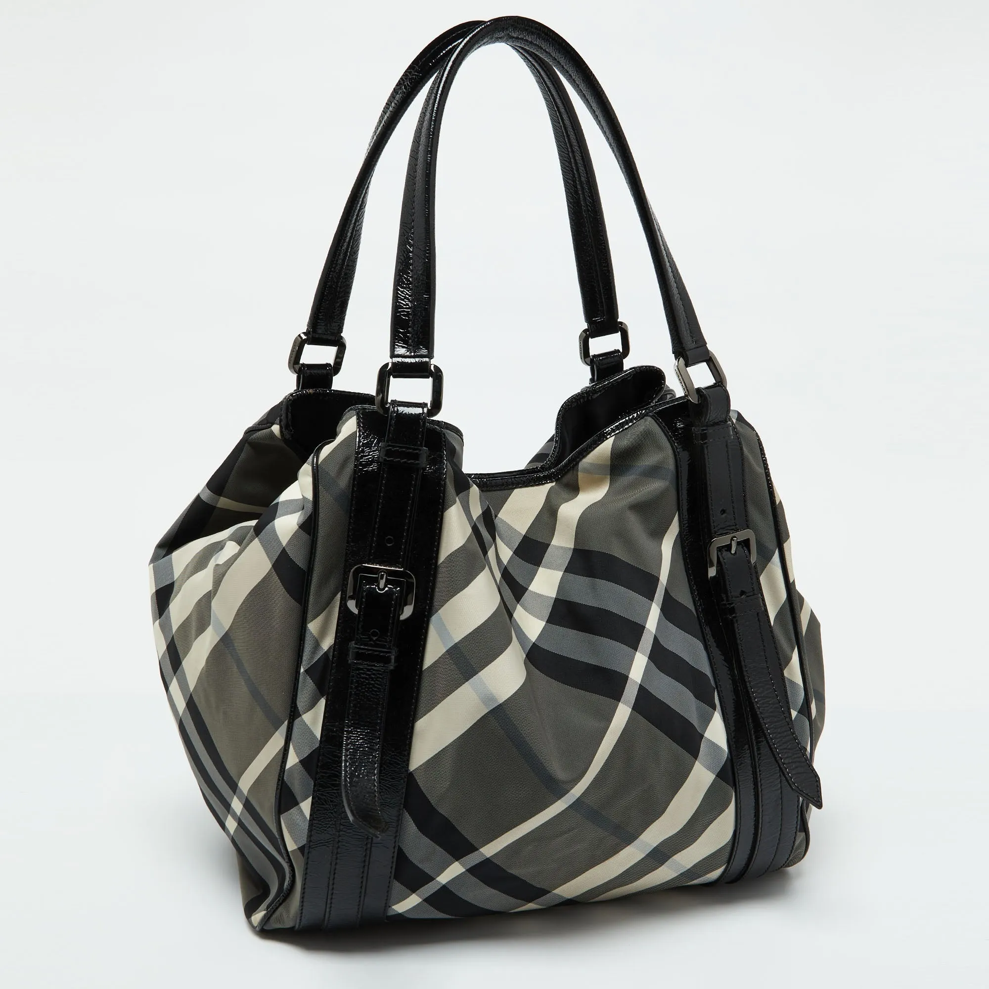 BURBERRY Black Beat Check Nylon and Patent Leather Large Victoria Tote