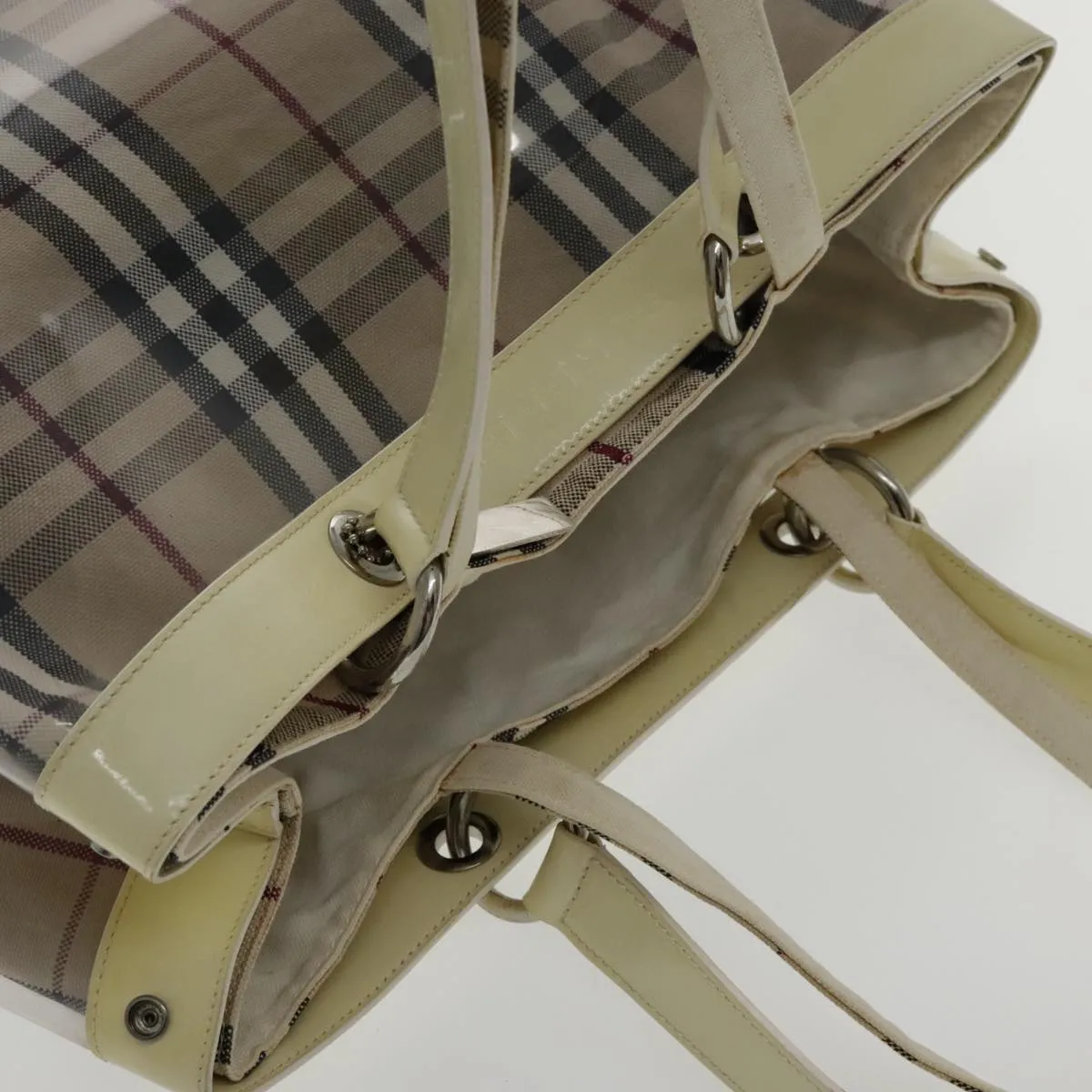 BURBERRY Nova Check Bag Vinyl Canvas Leather Clear Beige Silver hk1701