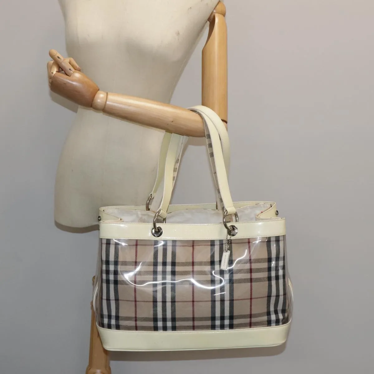 BURBERRY Nova Check Bag Vinyl Canvas Leather Clear Beige Silver hk1701