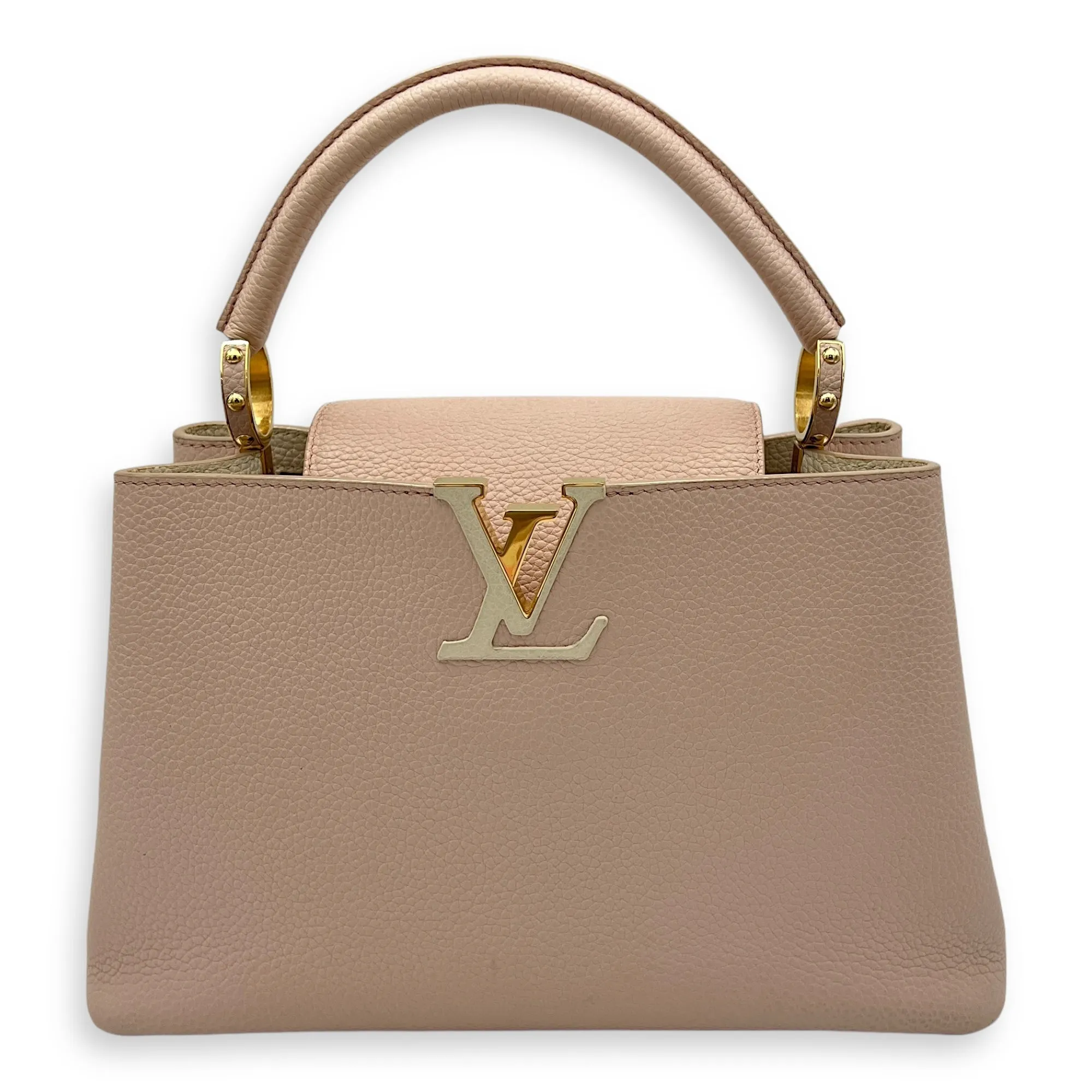 Capucines MM Pink Top Handle Bag in Calfskin, Gold hardware