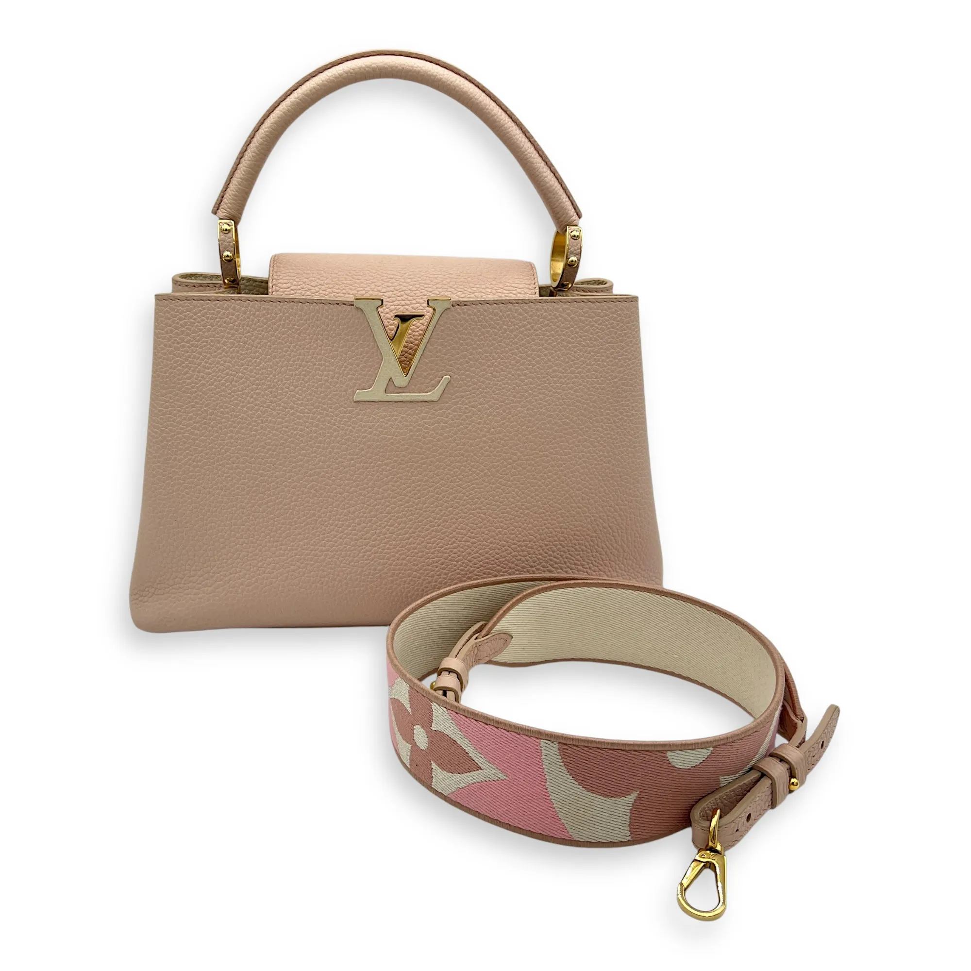 Capucines MM Pink Top Handle Bag in Calfskin, Gold hardware