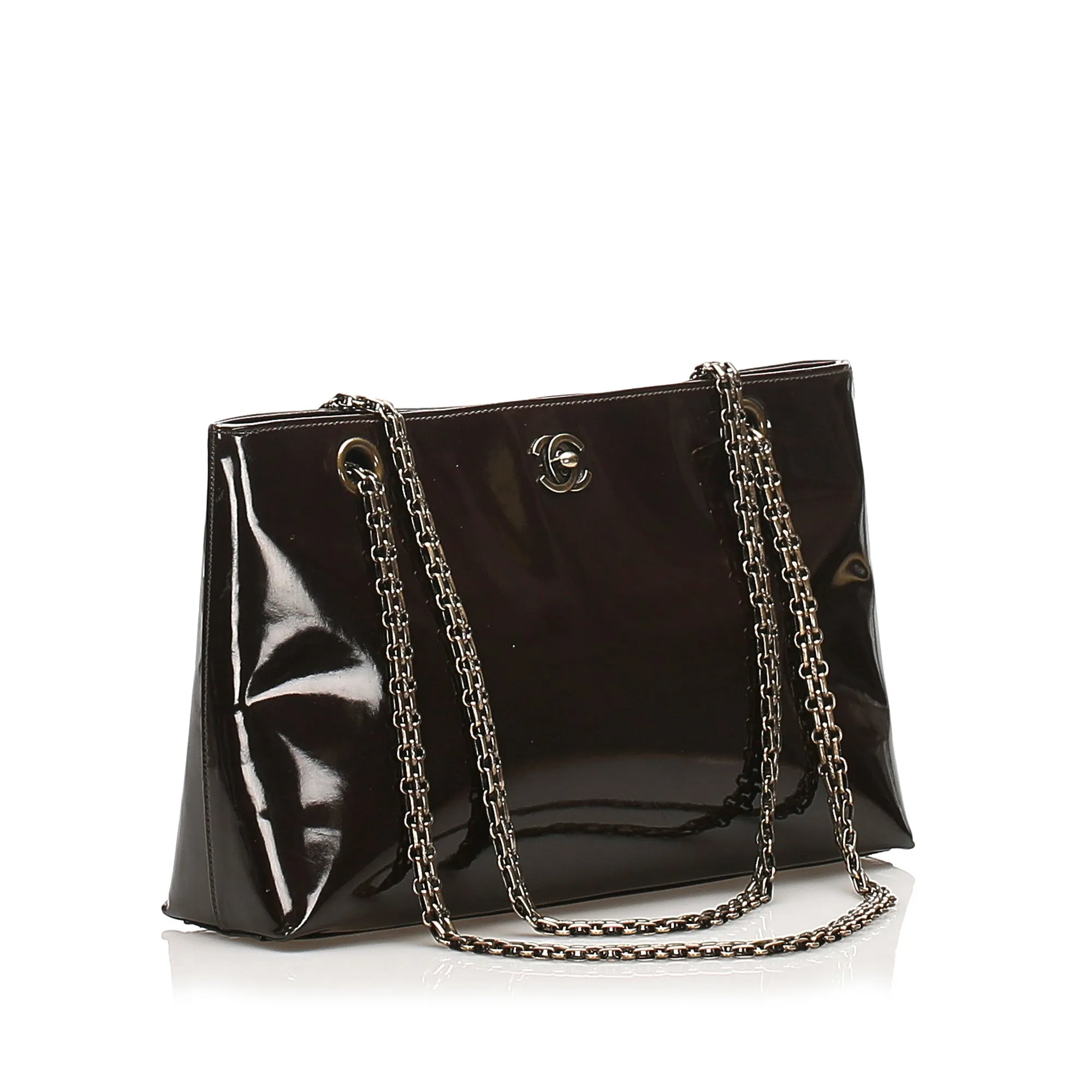 CC Chain Patent Leather Shoulder Bag Brown
