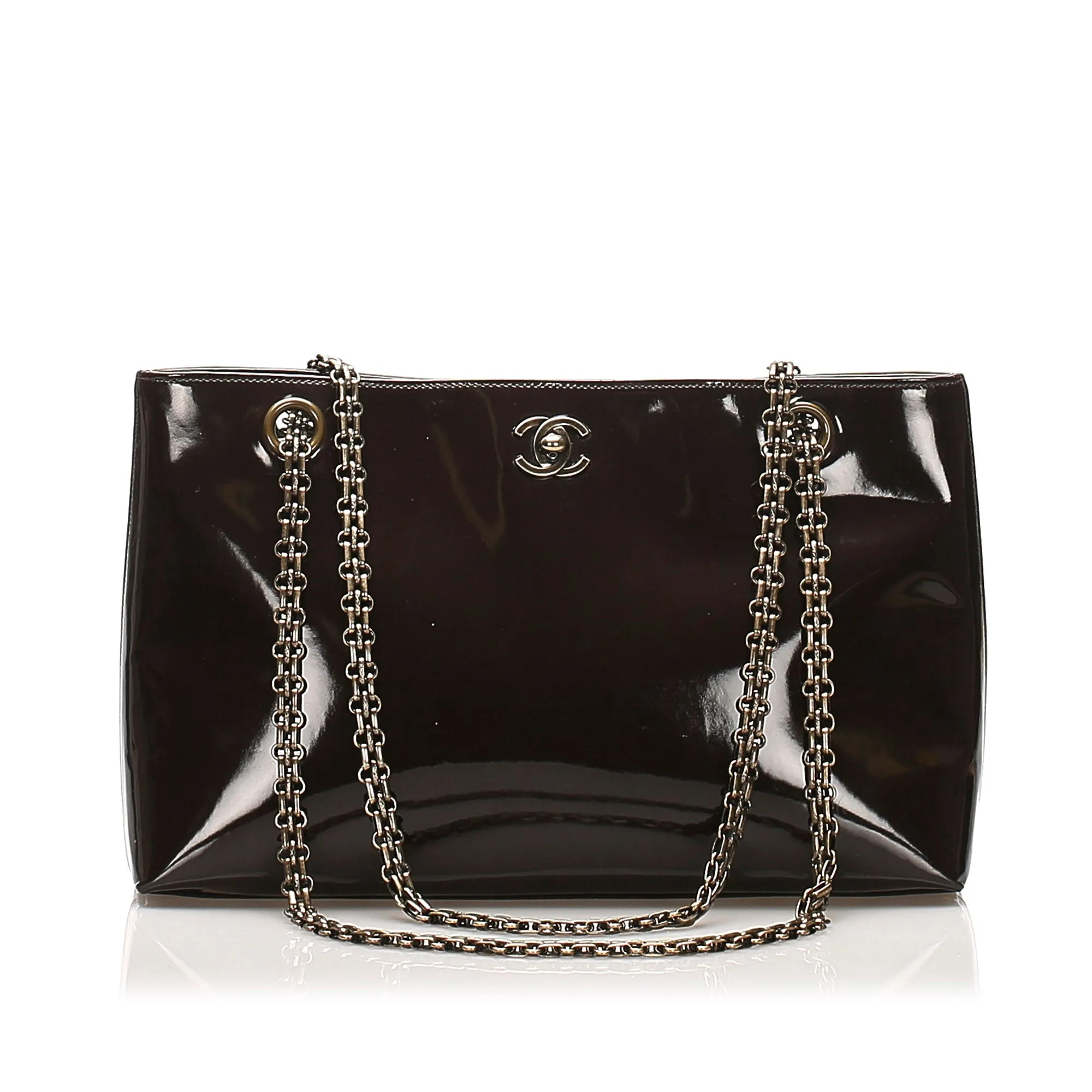 CC Chain Patent Leather Shoulder Bag Brown