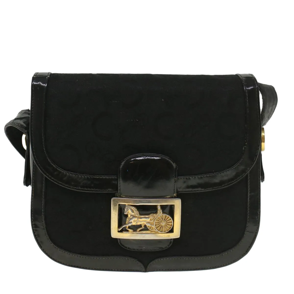 CELINE C Macadam Canvas Horse Carriage Shoulder Bag Black bs8998