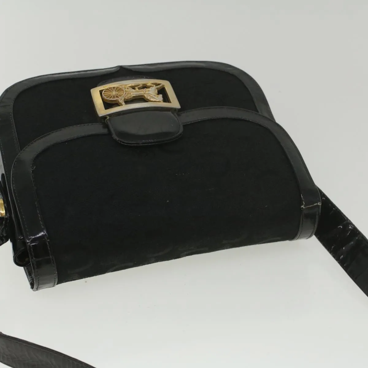 CELINE C Macadam Canvas Horse Carriage Shoulder Bag Black bs8998