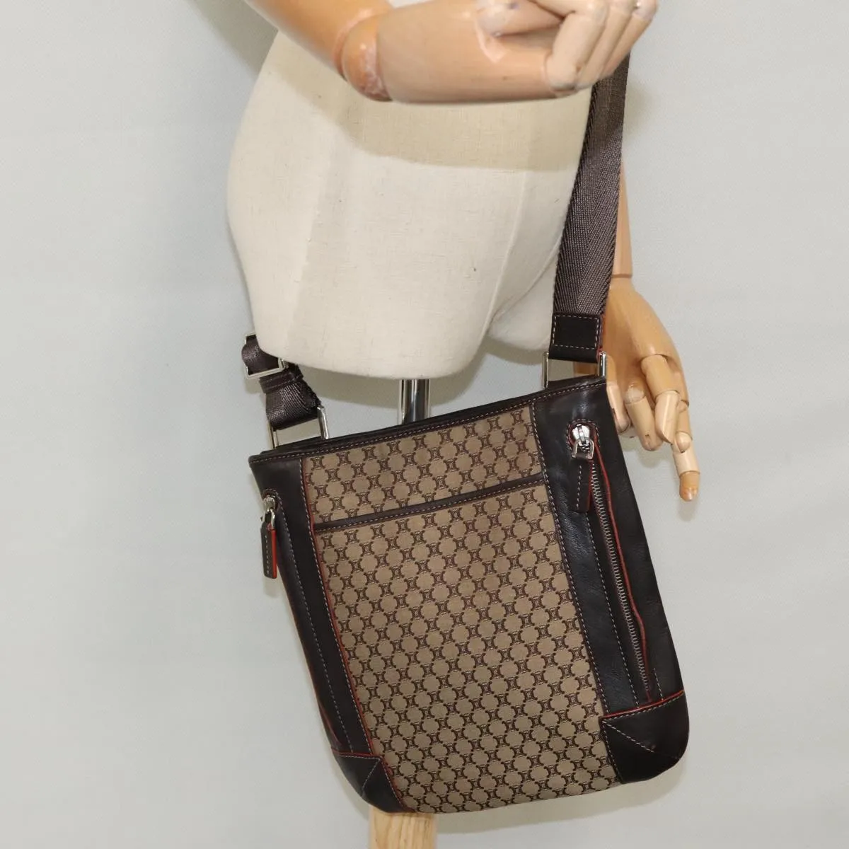 CELINE Macadam Canvas Shoulder Bag Beige Dark Brown Silver 90445